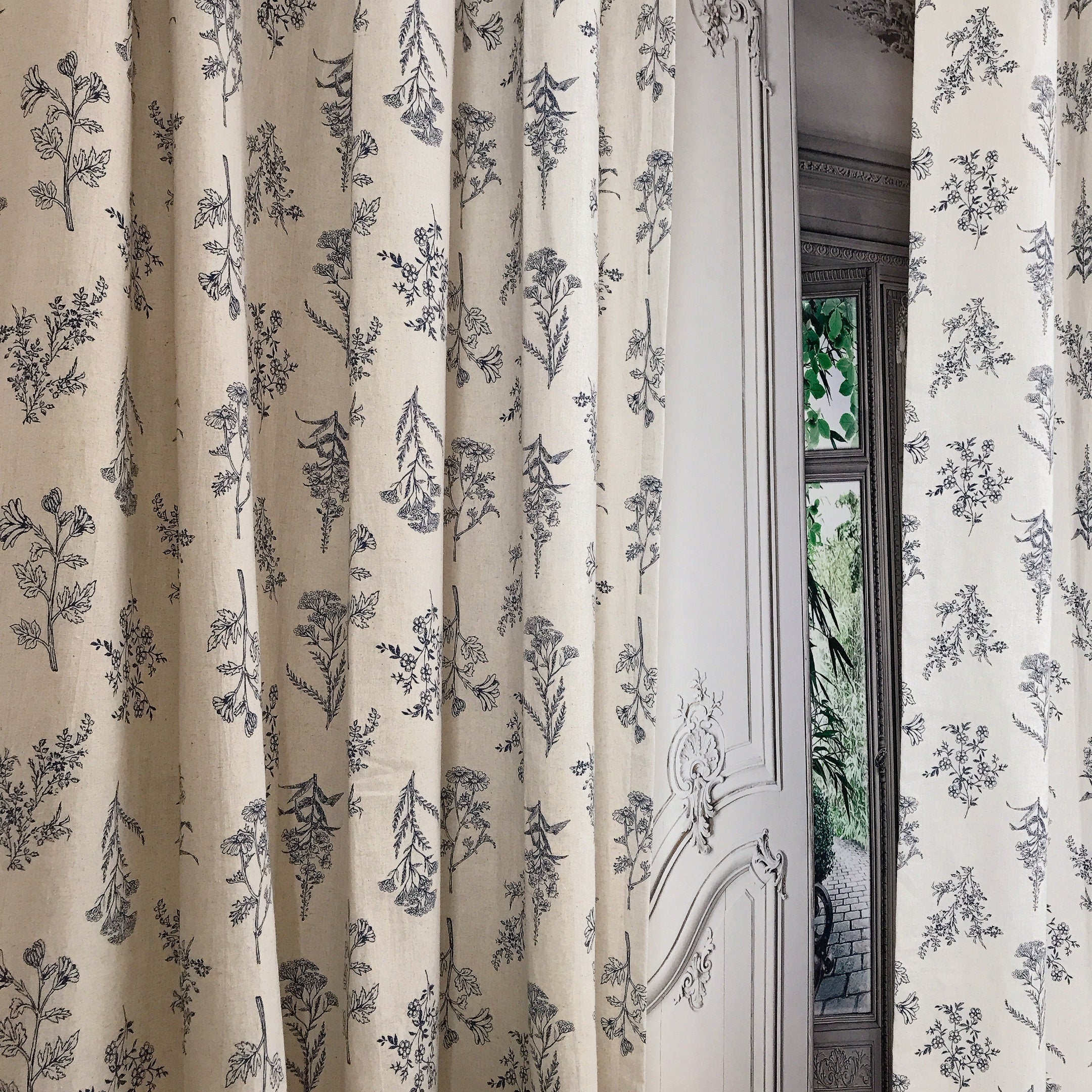 Navy Blue Botanical Curtain on Natural Beige