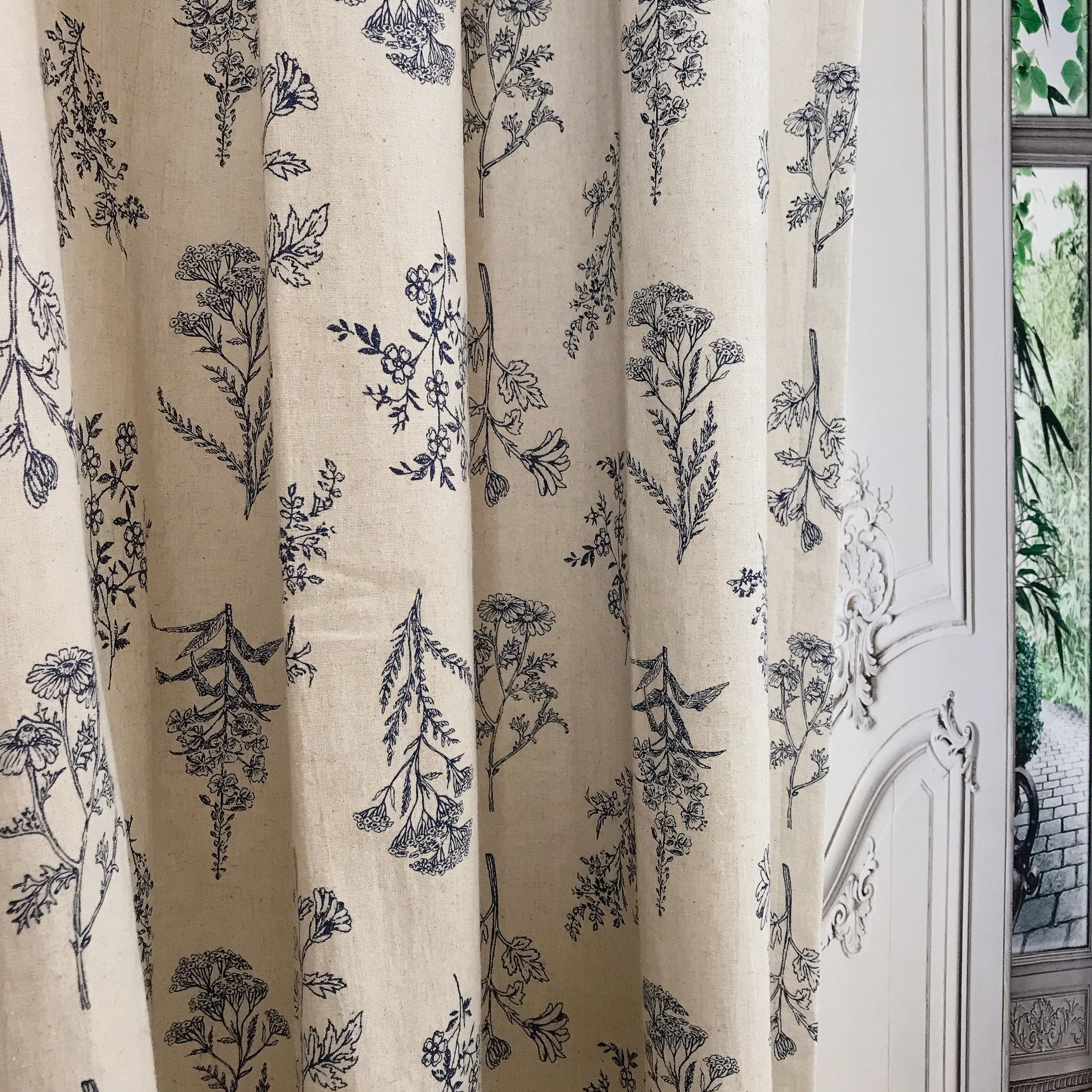 Navy Blue Botanical Curtain on Natural Beige