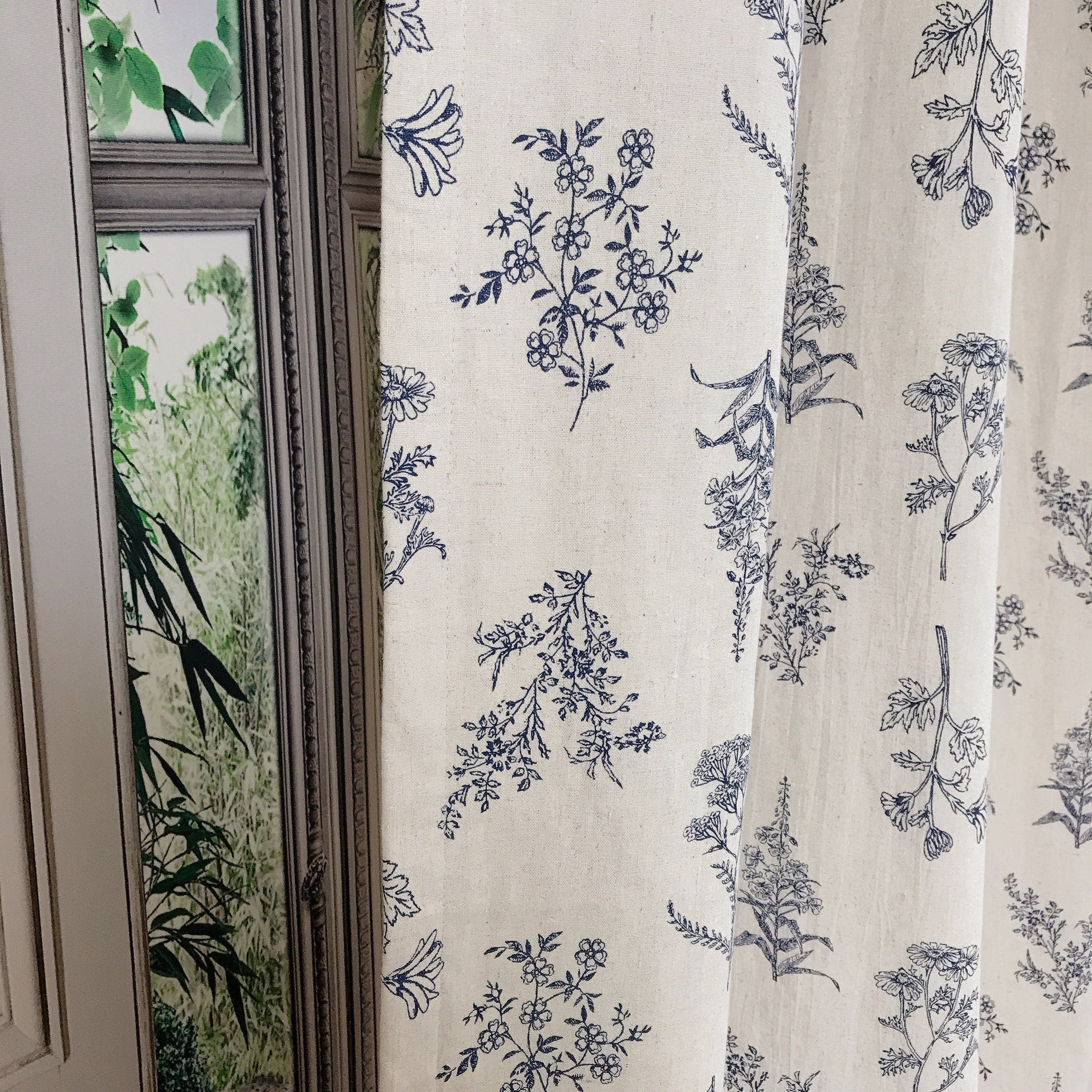 Navy Blue Botanical Curtain on Natural Beige