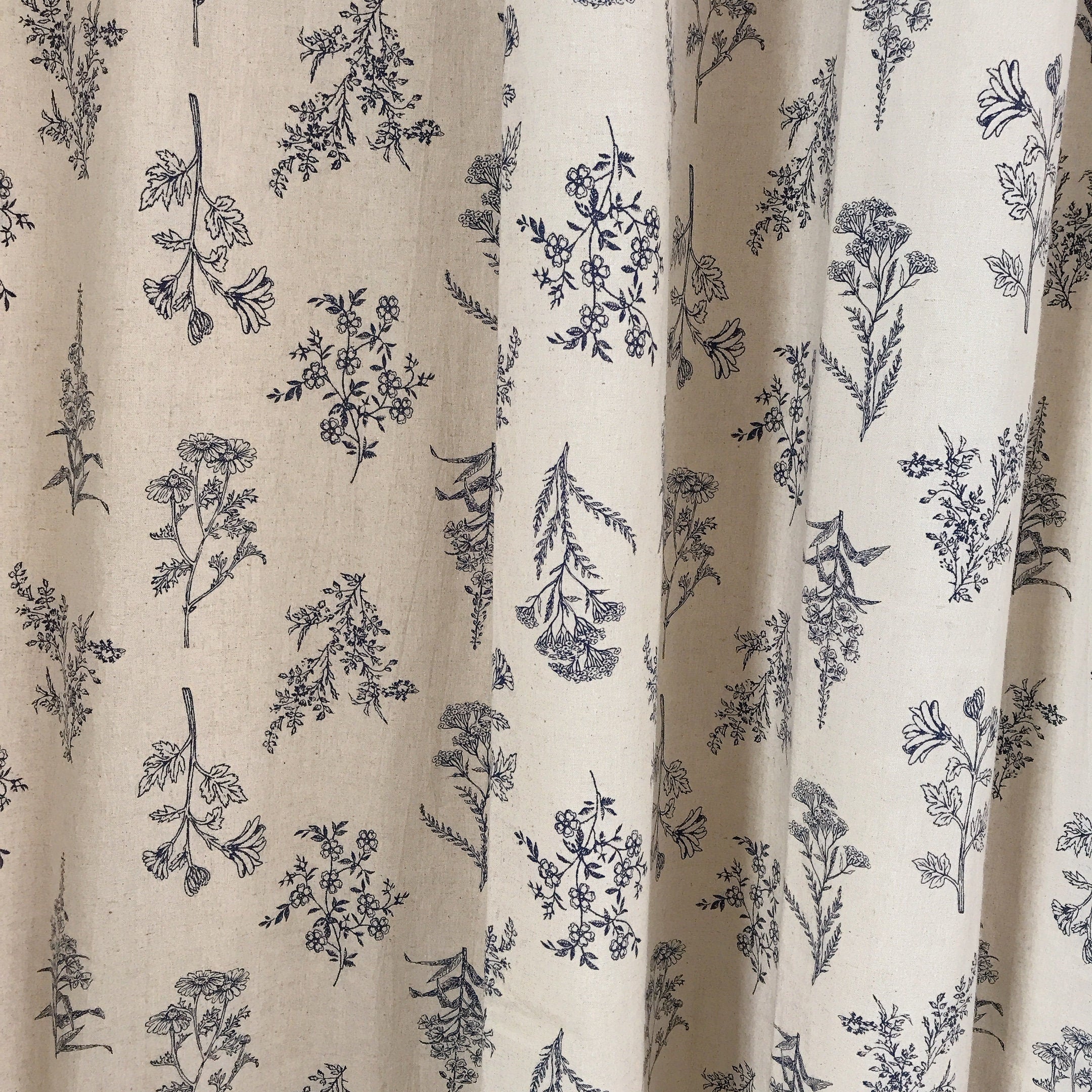 Navy Blue Botanical Curtain on Natural Beige