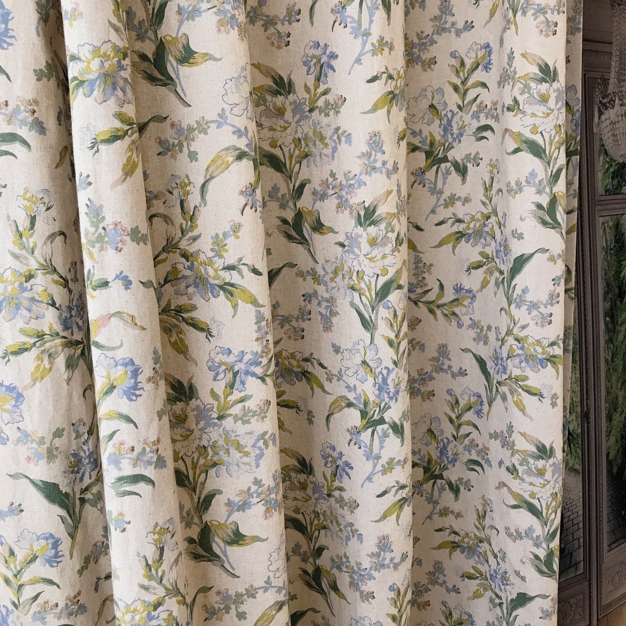 Blue and Green Floral Curtain on Natural Beige