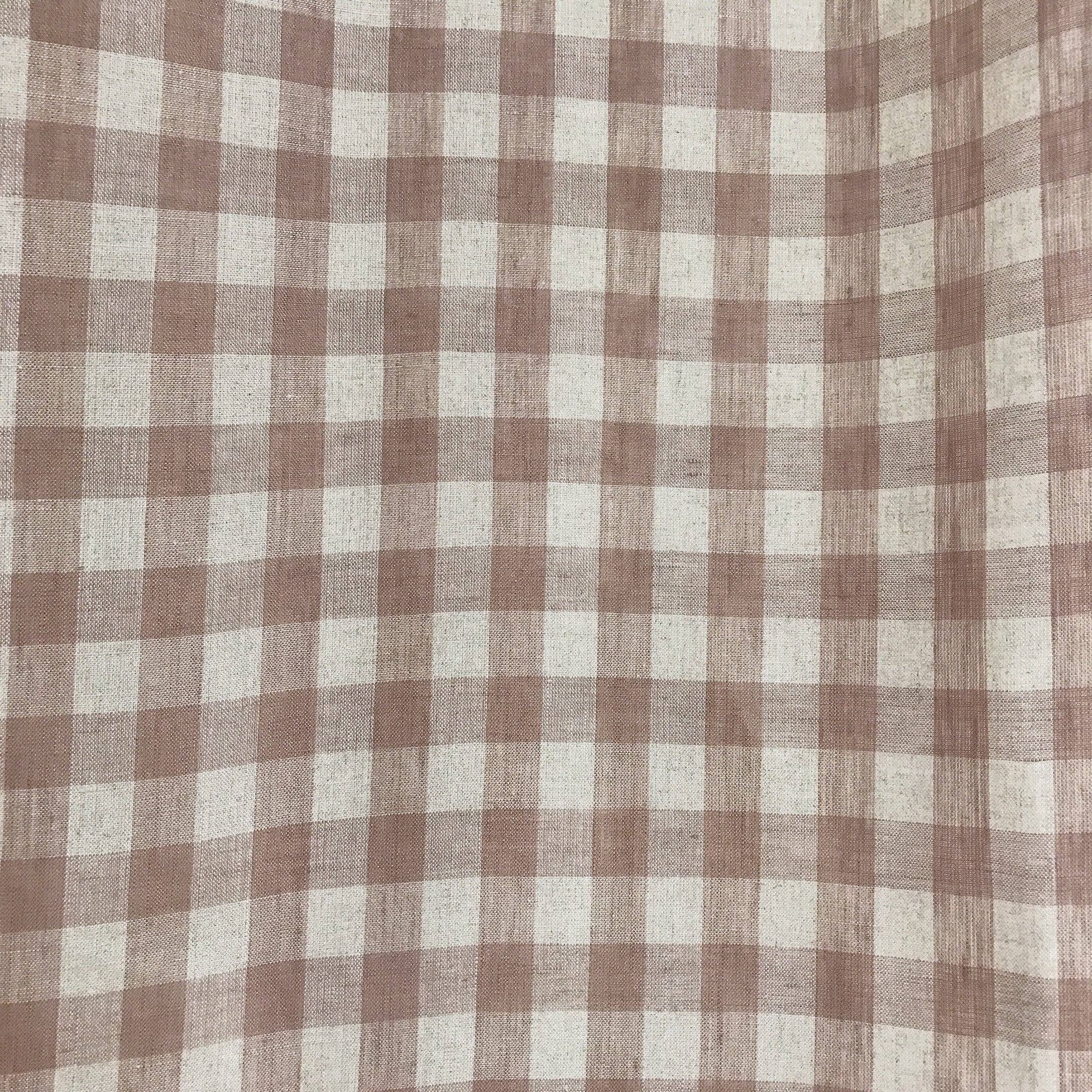 Pale Red Bean Brown and Natural Beige Gingham Linen Curtain