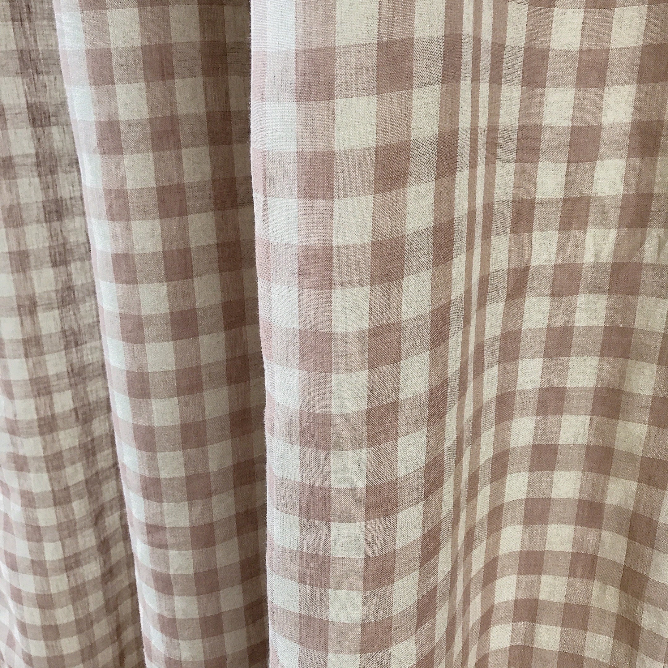 Pale Red Bean Brown and Natural Beige Gingham Linen Curtain