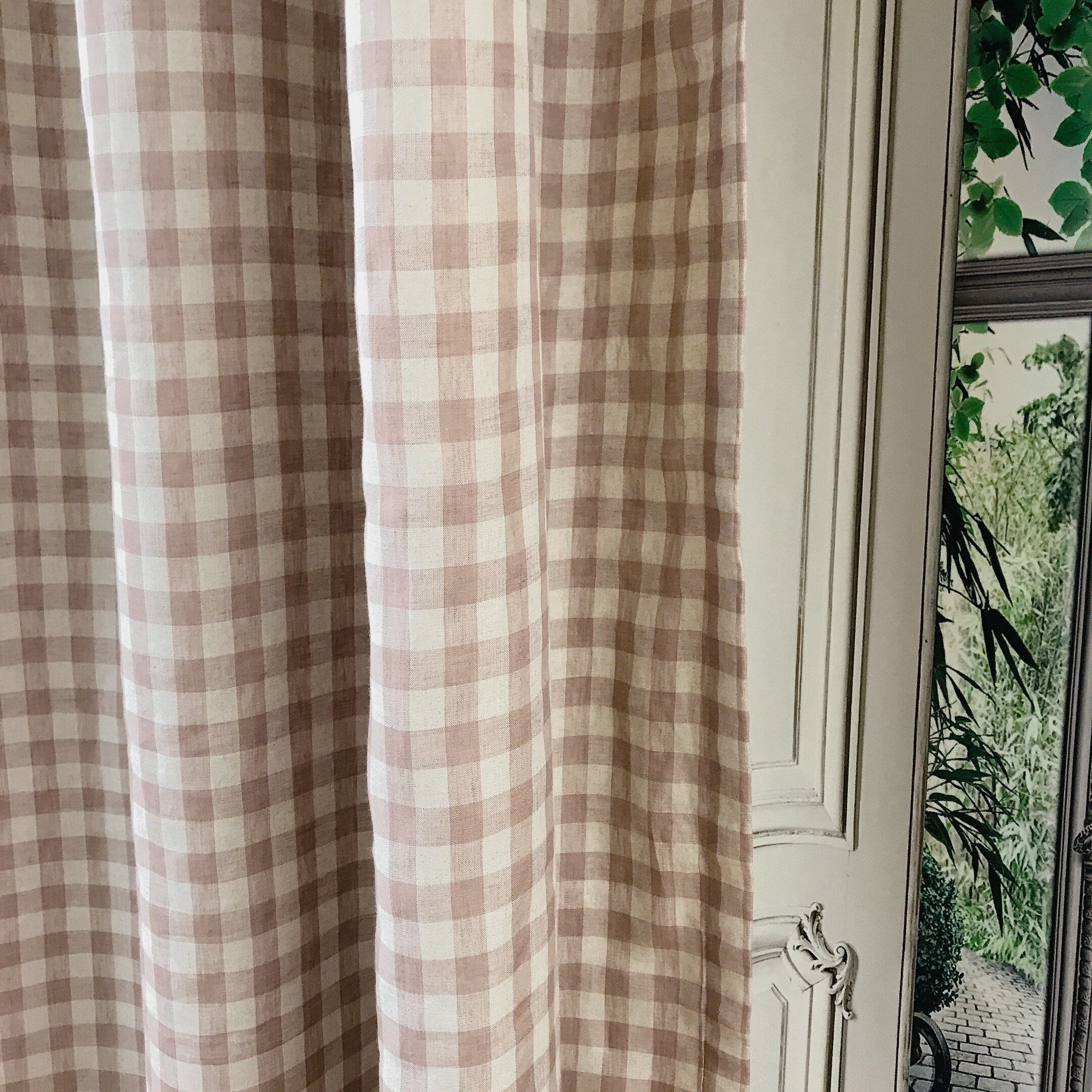 Pale Red Bean Brown and Natural Beige Gingham Linen Curtain