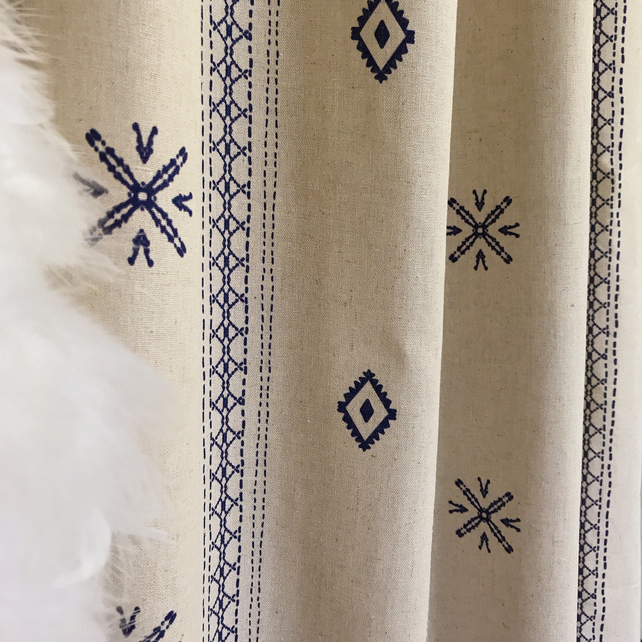 Indigo Blue Shapes Curtain on Natural Beige