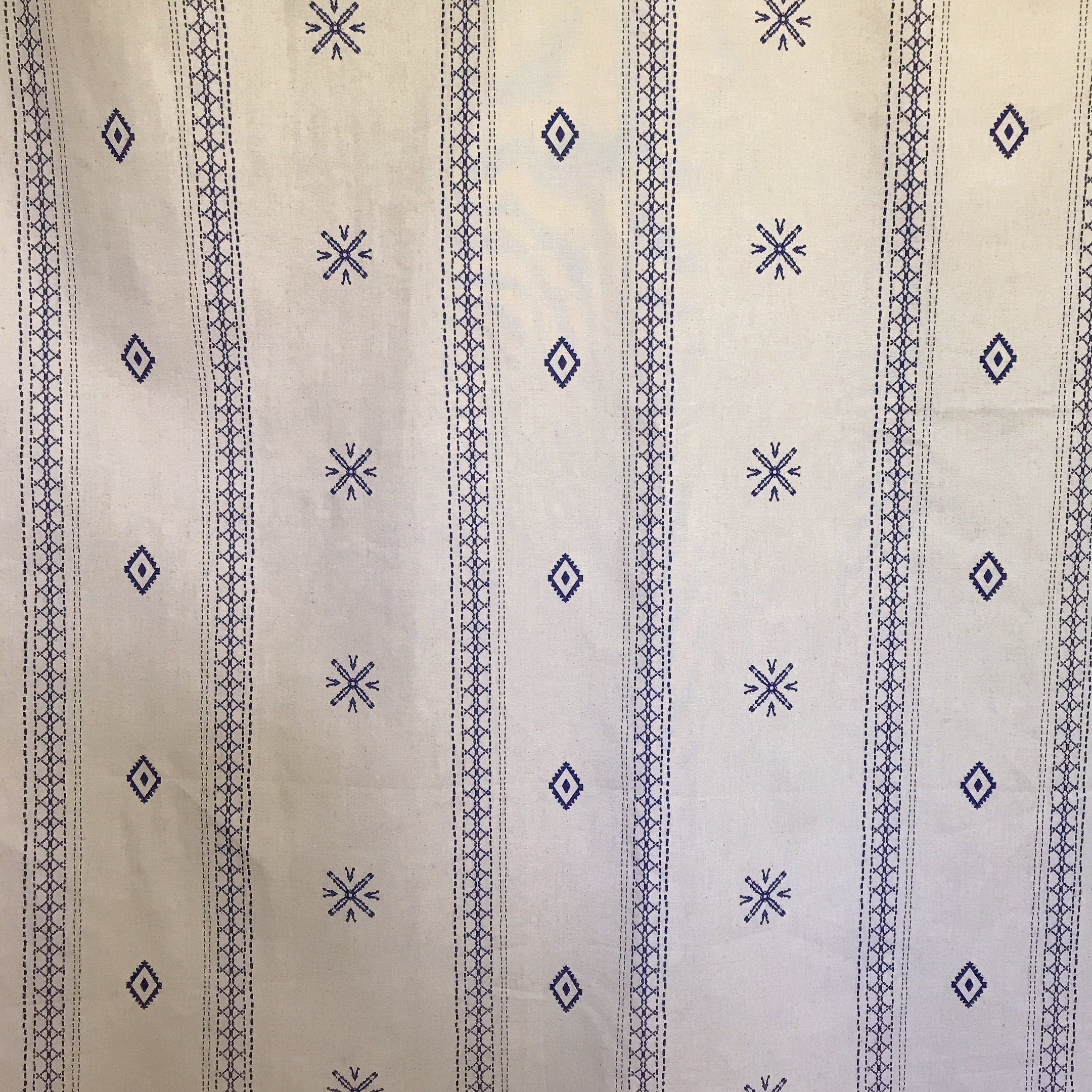 Indigo Blue Shapes Curtain on Natural Beige