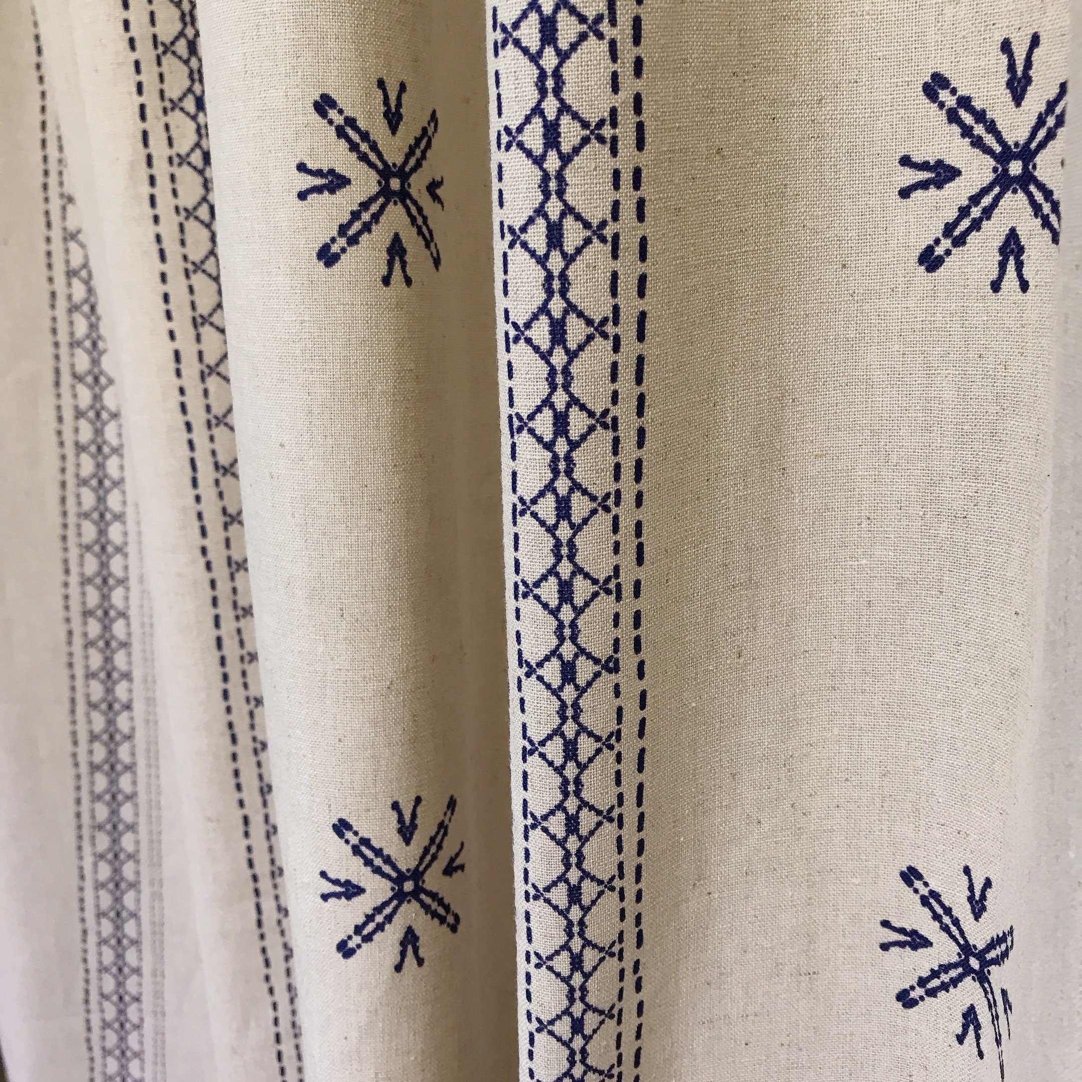 Indigo Blue Shapes Curtain on Natural Beige