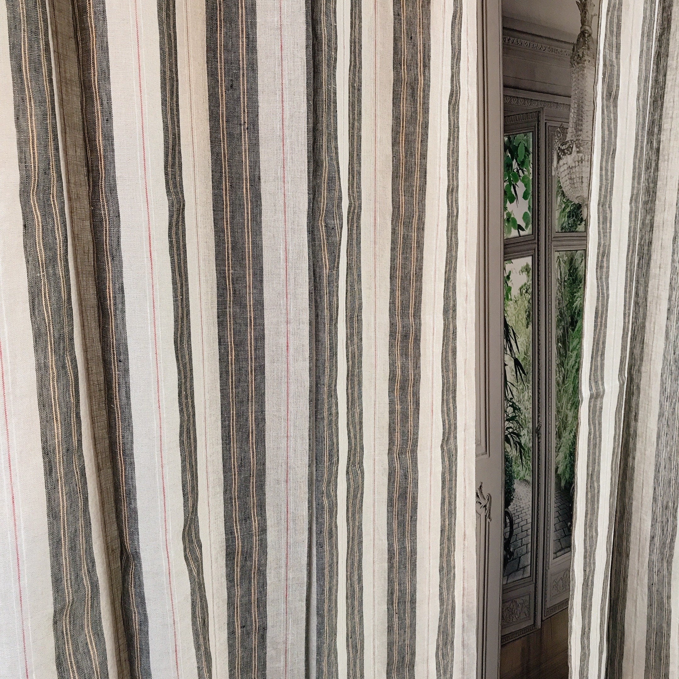 Black Orange Yellow and Red Striped Linen Curtain on Natural Beige