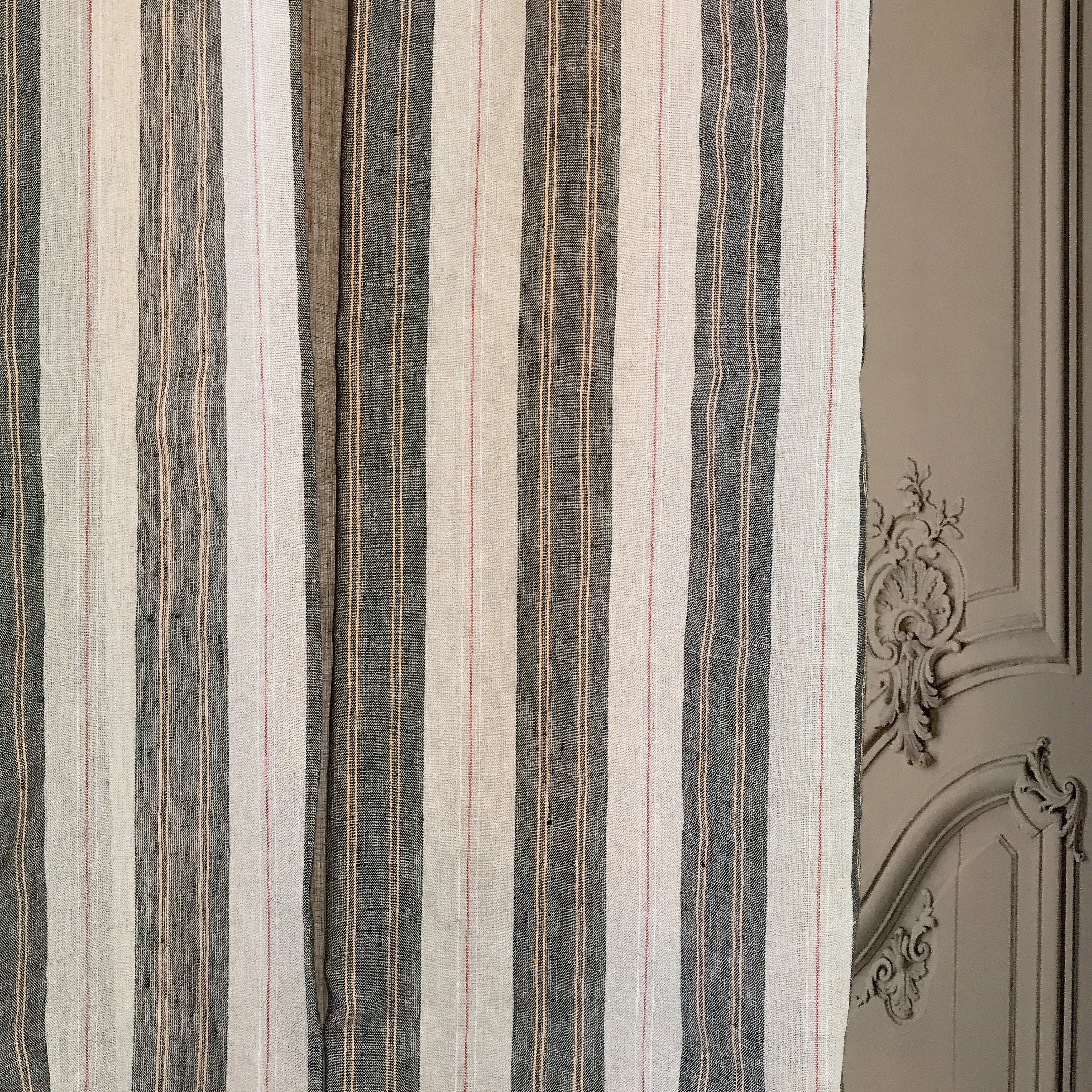 Black Orange Yellow and Red Striped Linen Curtain on Natural Beige