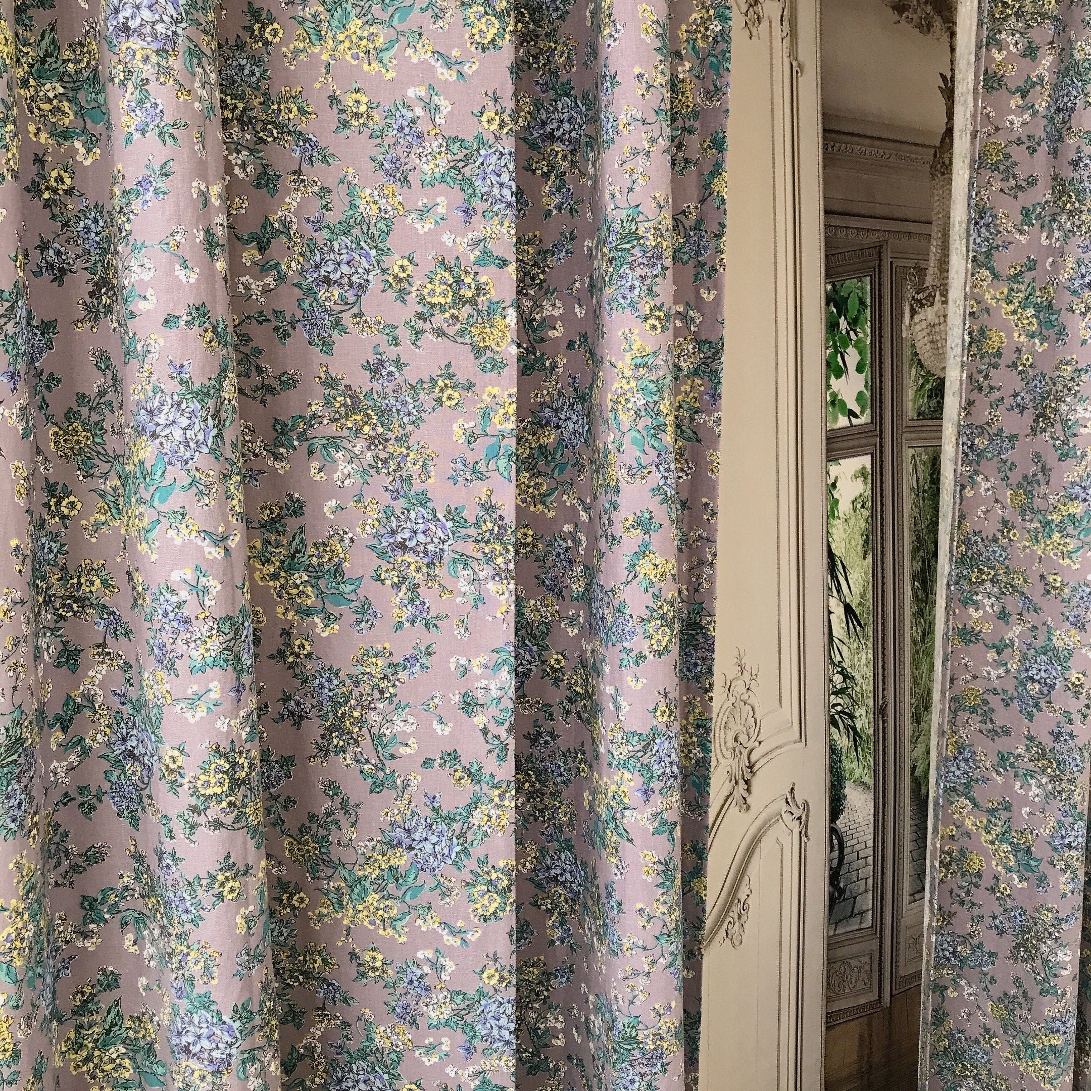 Blue and Light Mustard Floral Curtain on Purple Grey