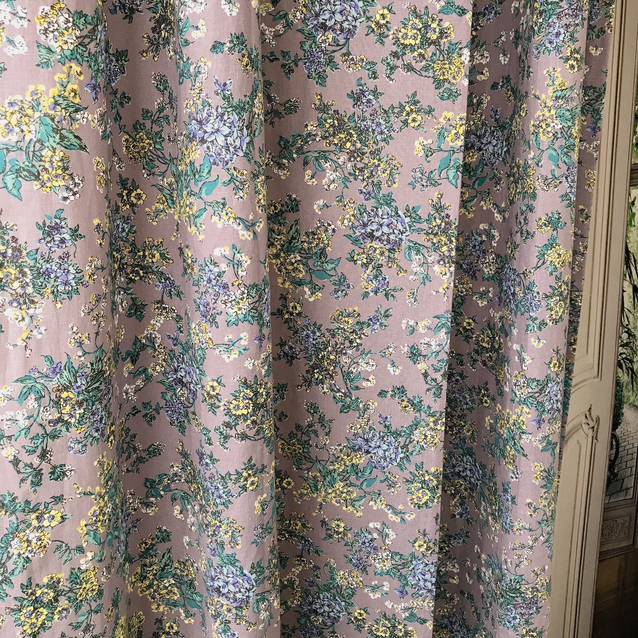 Blue and Light Mustard Floral Curtain on Purple Grey