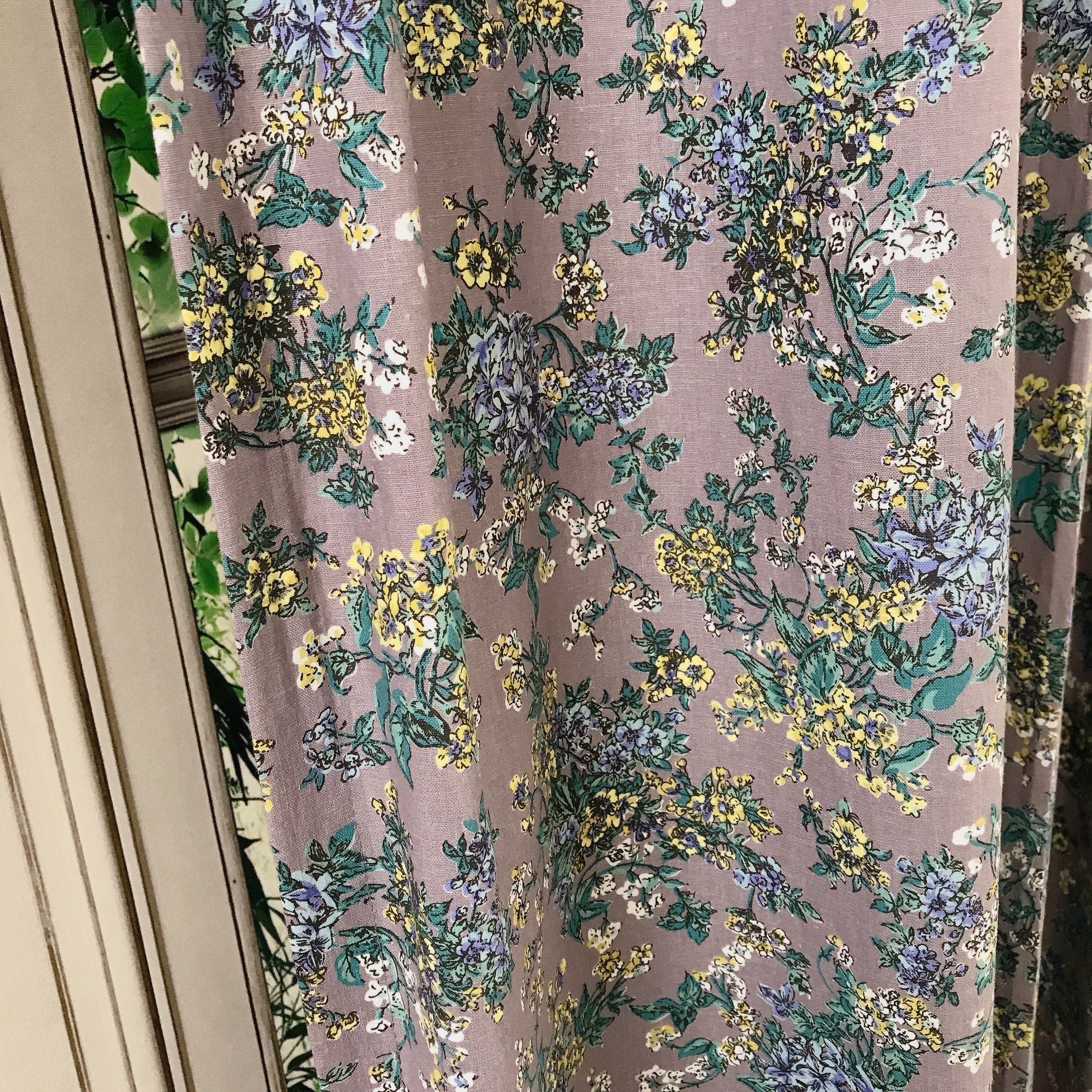 Blue and Light Mustard Floral Curtain on Purple Grey