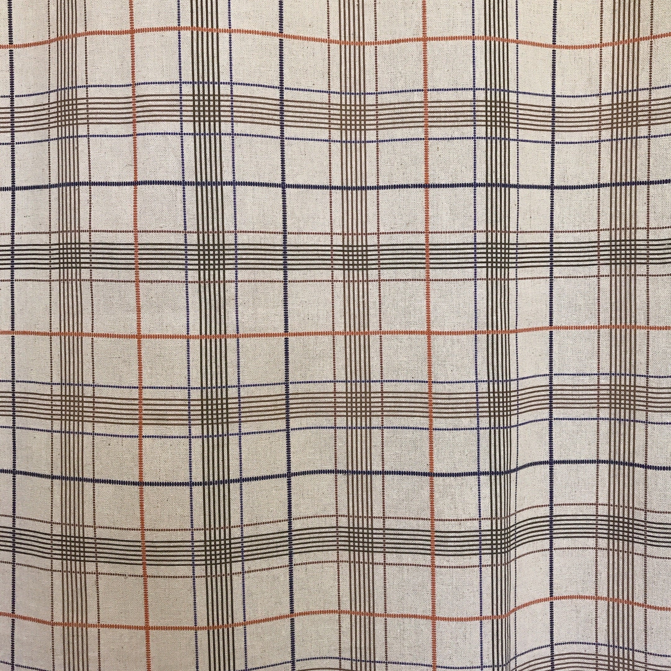Rideau à carreaux orange marron bleu indigo sur beige naturel
