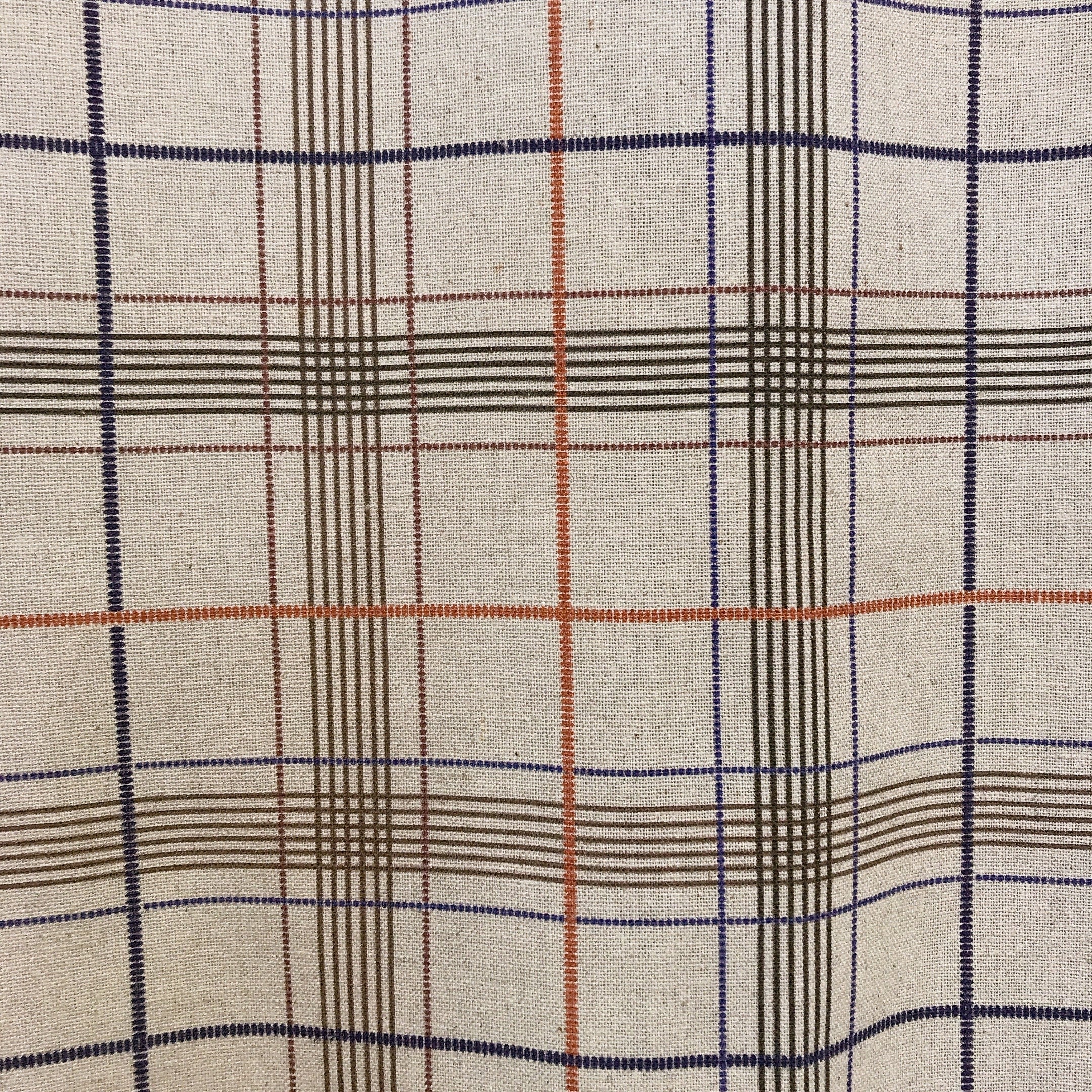 Rideau à carreaux orange marron bleu indigo sur beige naturel