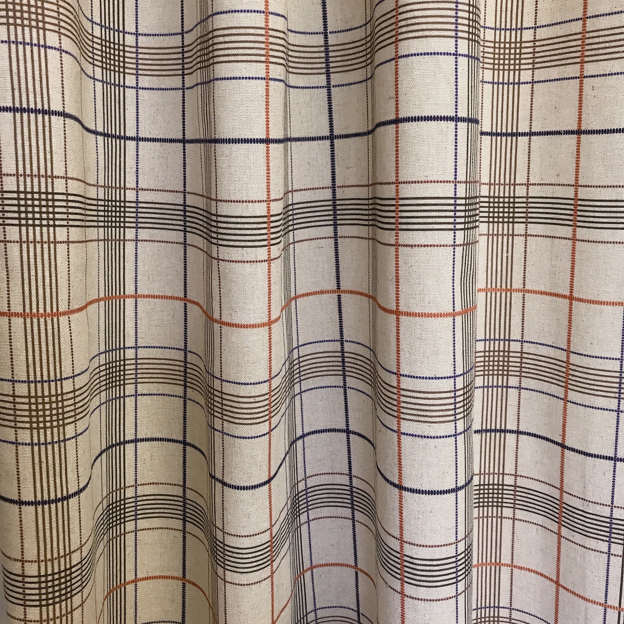 Rideau à carreaux orange marron bleu indigo sur beige naturel