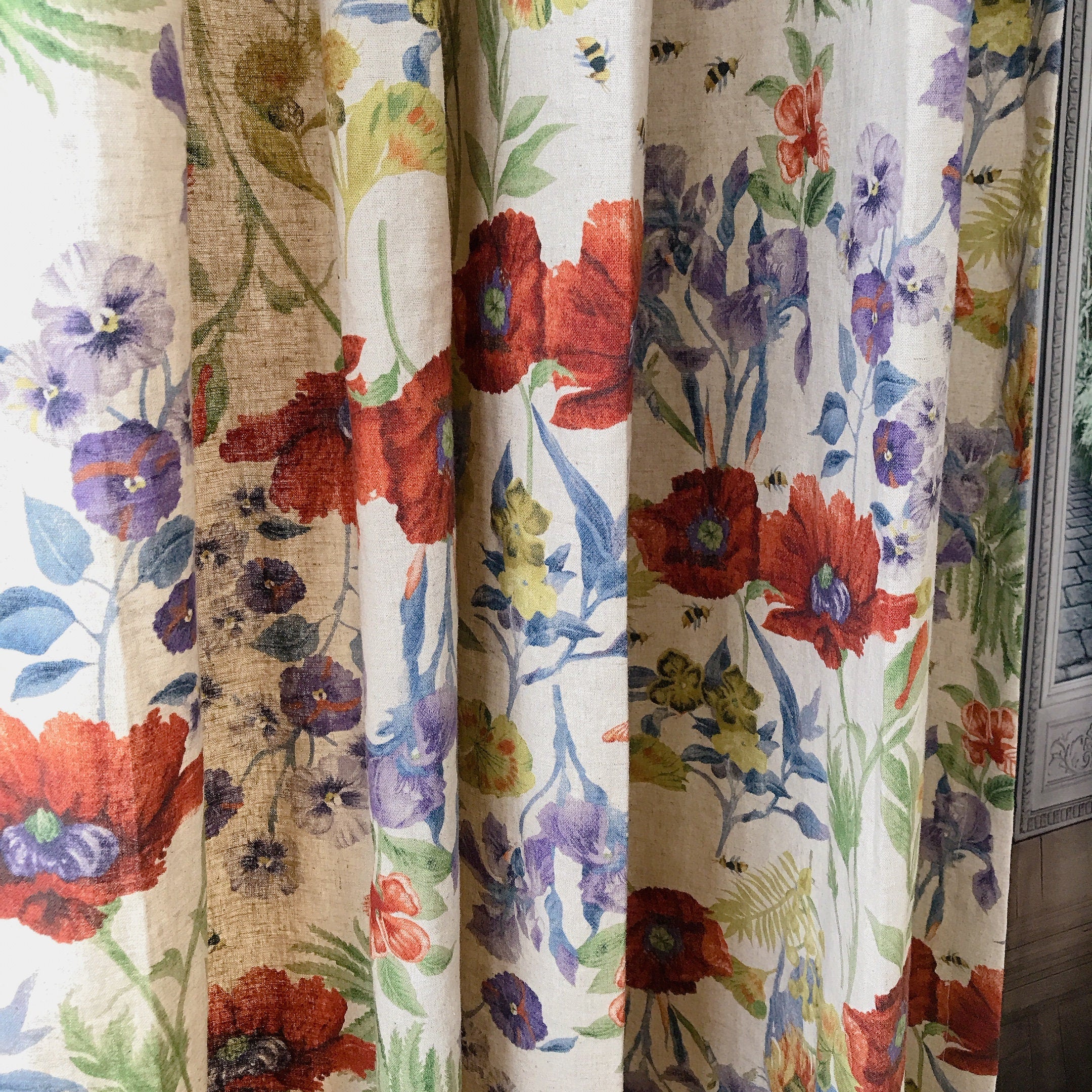 Deep Poppy Red and Soft Purple Floral Curtain on Natural Beige