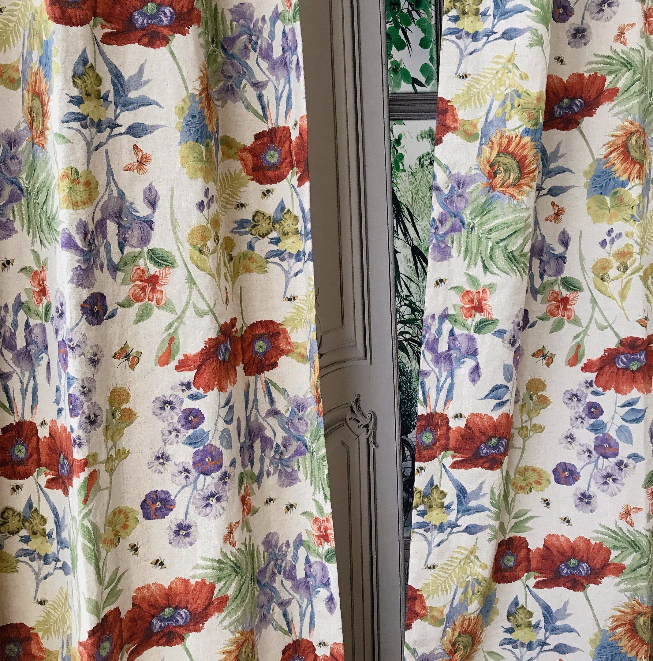 Deep Poppy Red and Soft Purple Floral Curtain on Natural Beige