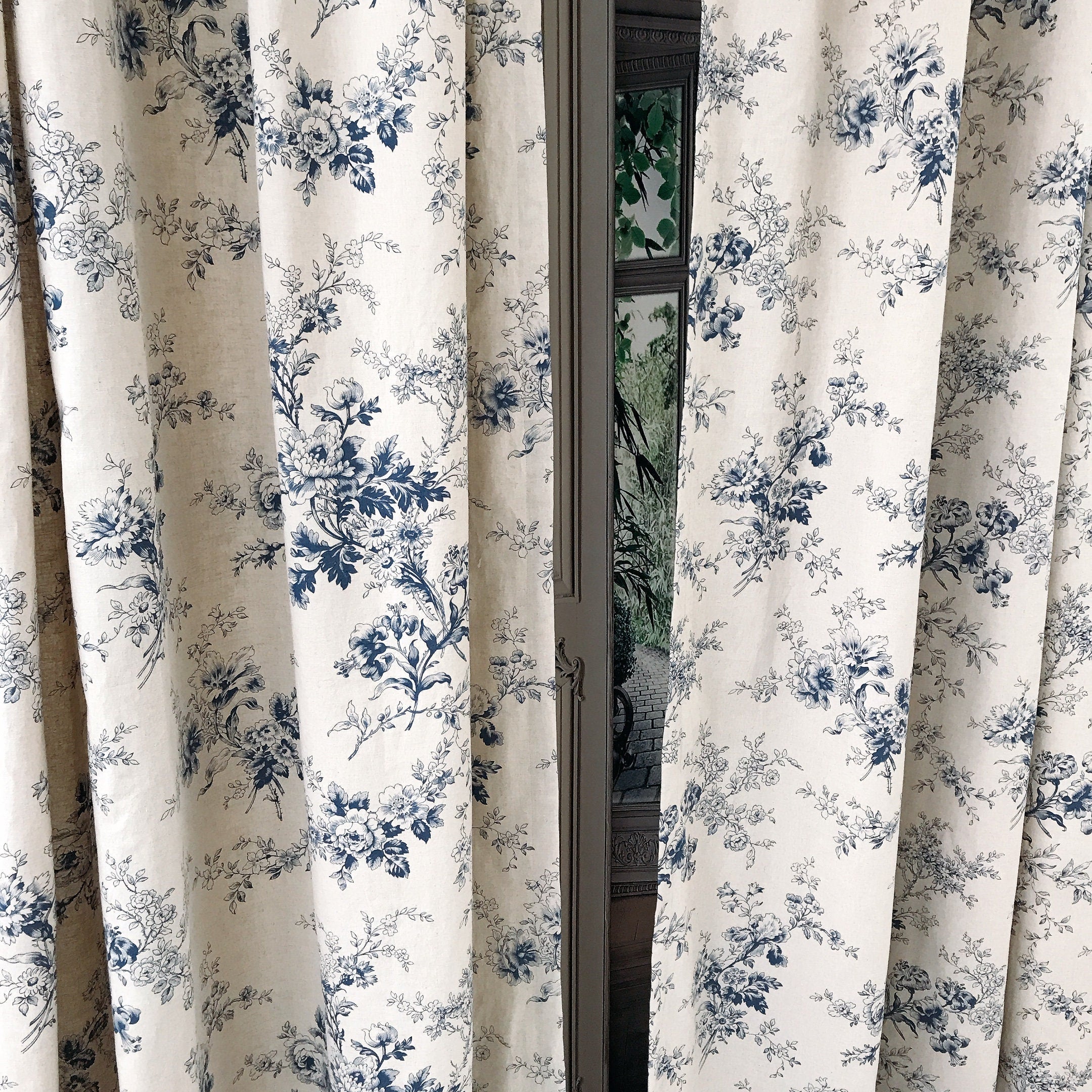 Navy Blue Floral Curtain on Natural Beige