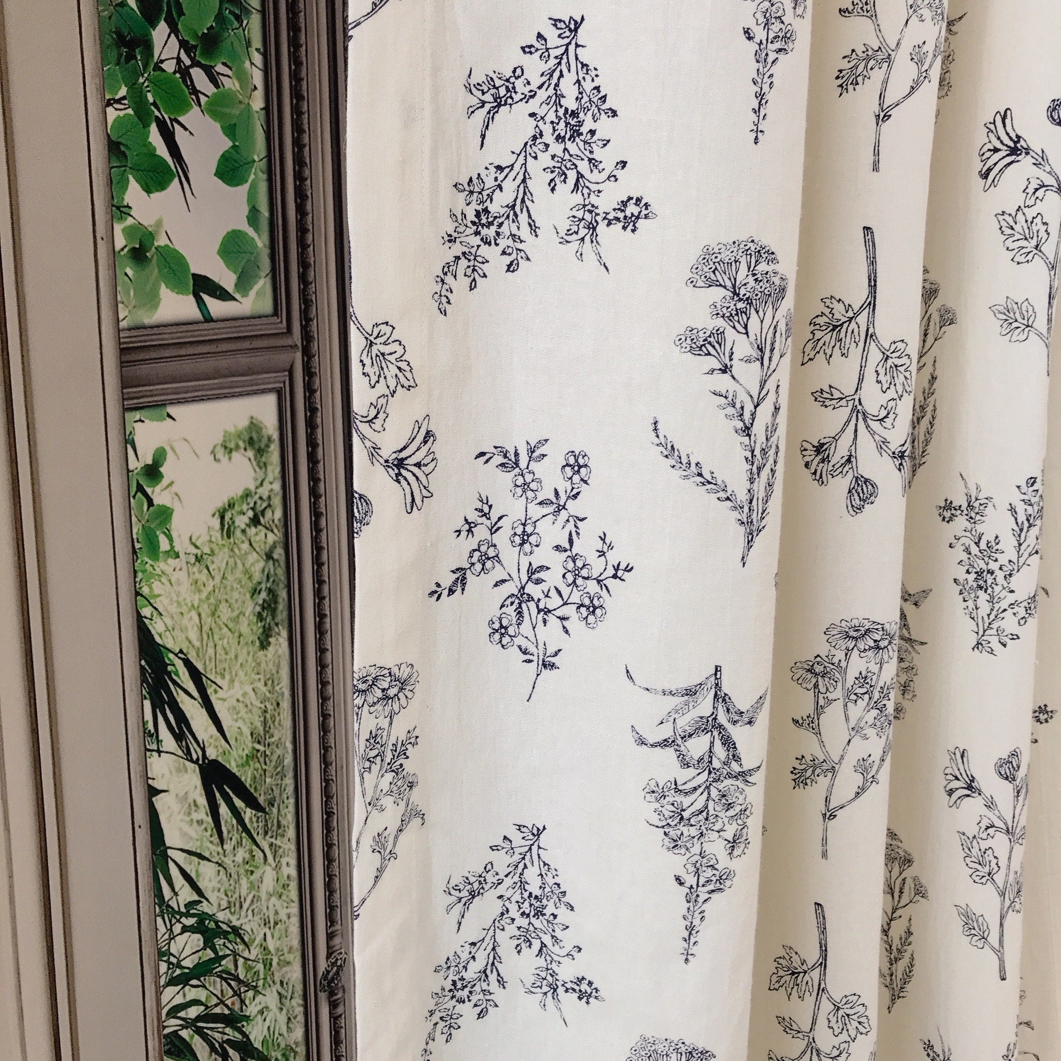 Navy Blue Botanical Curtain on Ivory