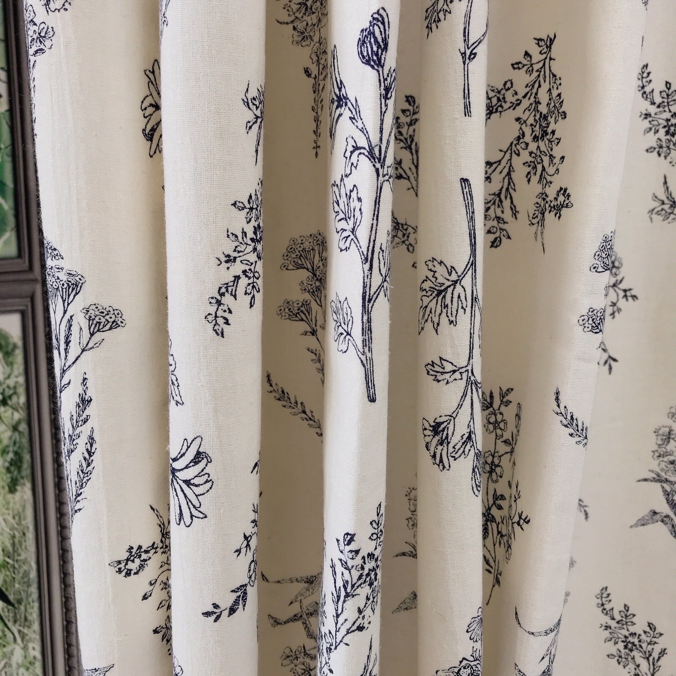 Navy Blue Botanical Curtain on Ivory