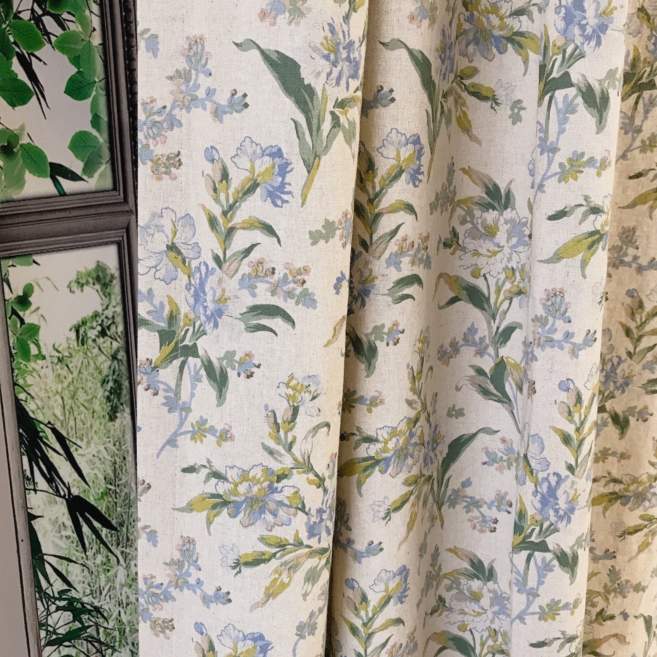 Blue and Green Floral Curtain on Natural Beige