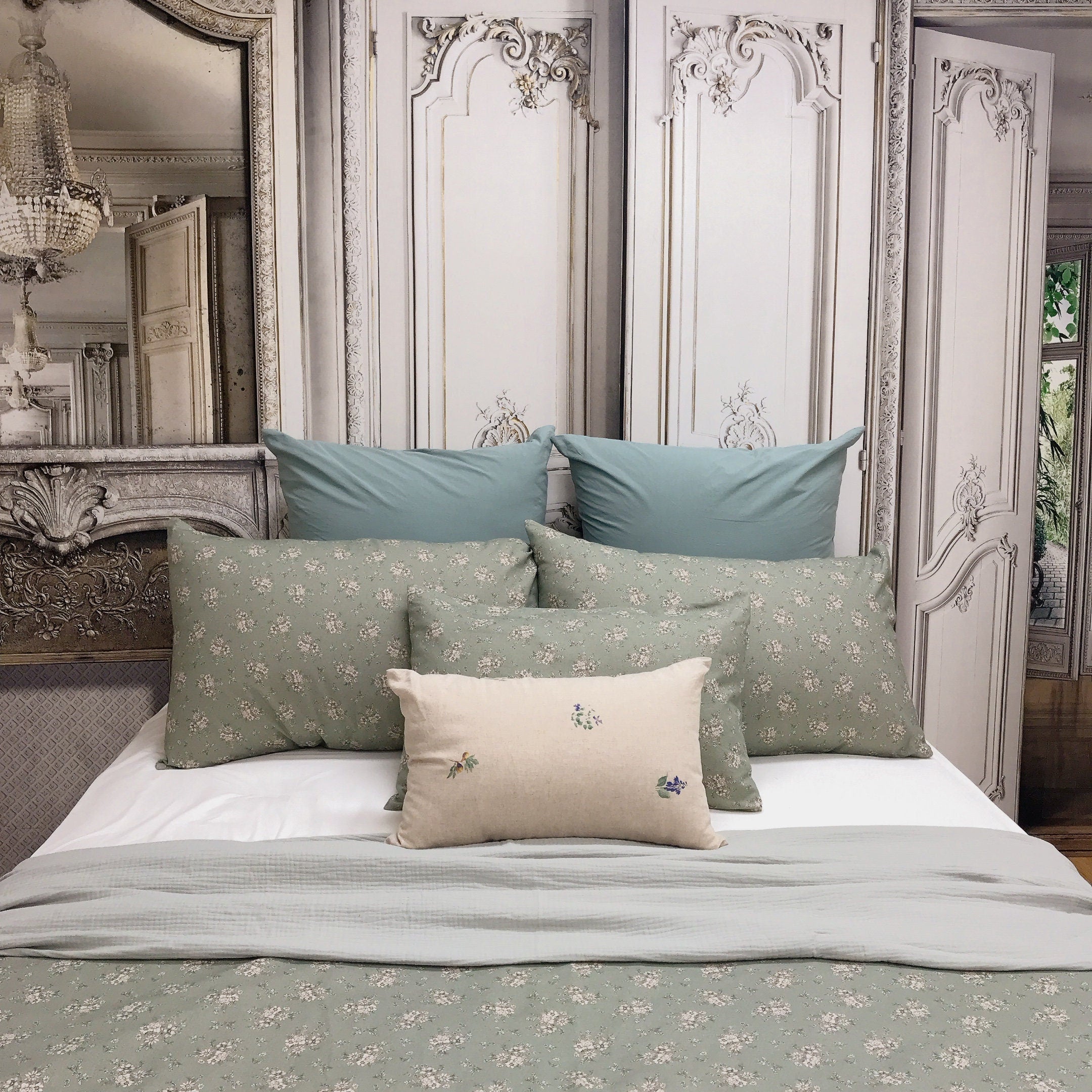 Natural Beige Floral Duvet Cover in Sage Green