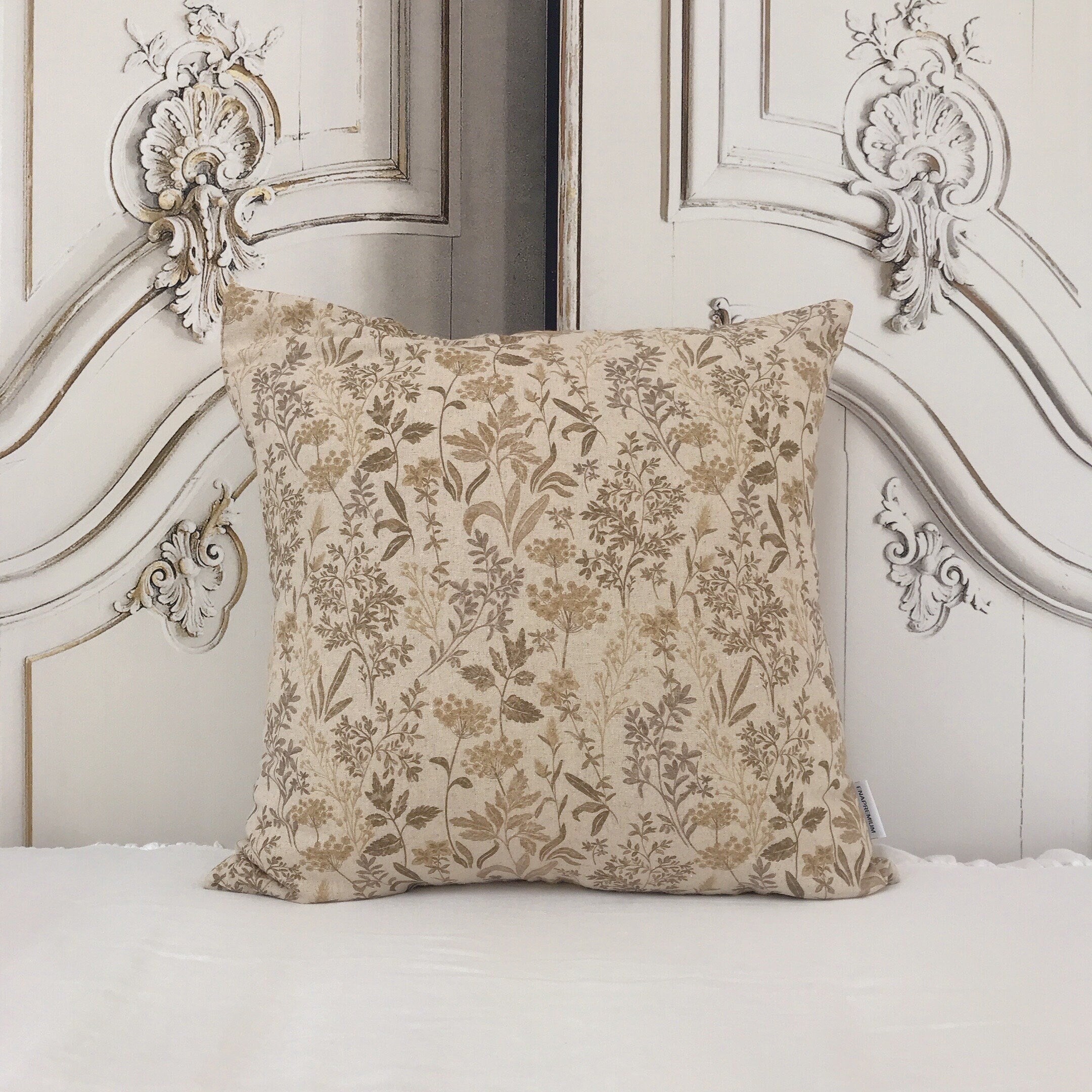 Brown Herbal Floral Cushion Cover on Natural Beige