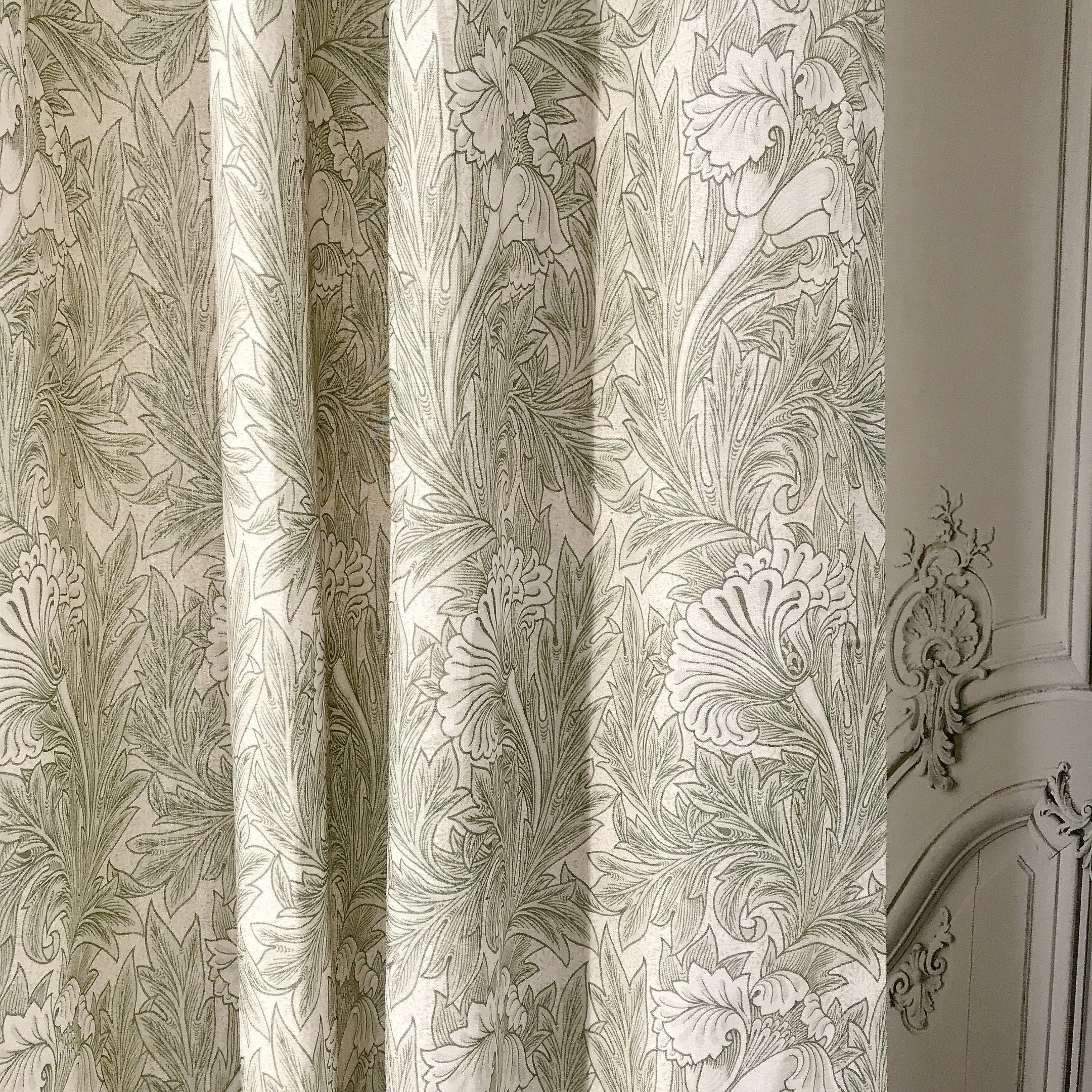 Sage Green Bold Bloom Floral Curtain on Natural Beige