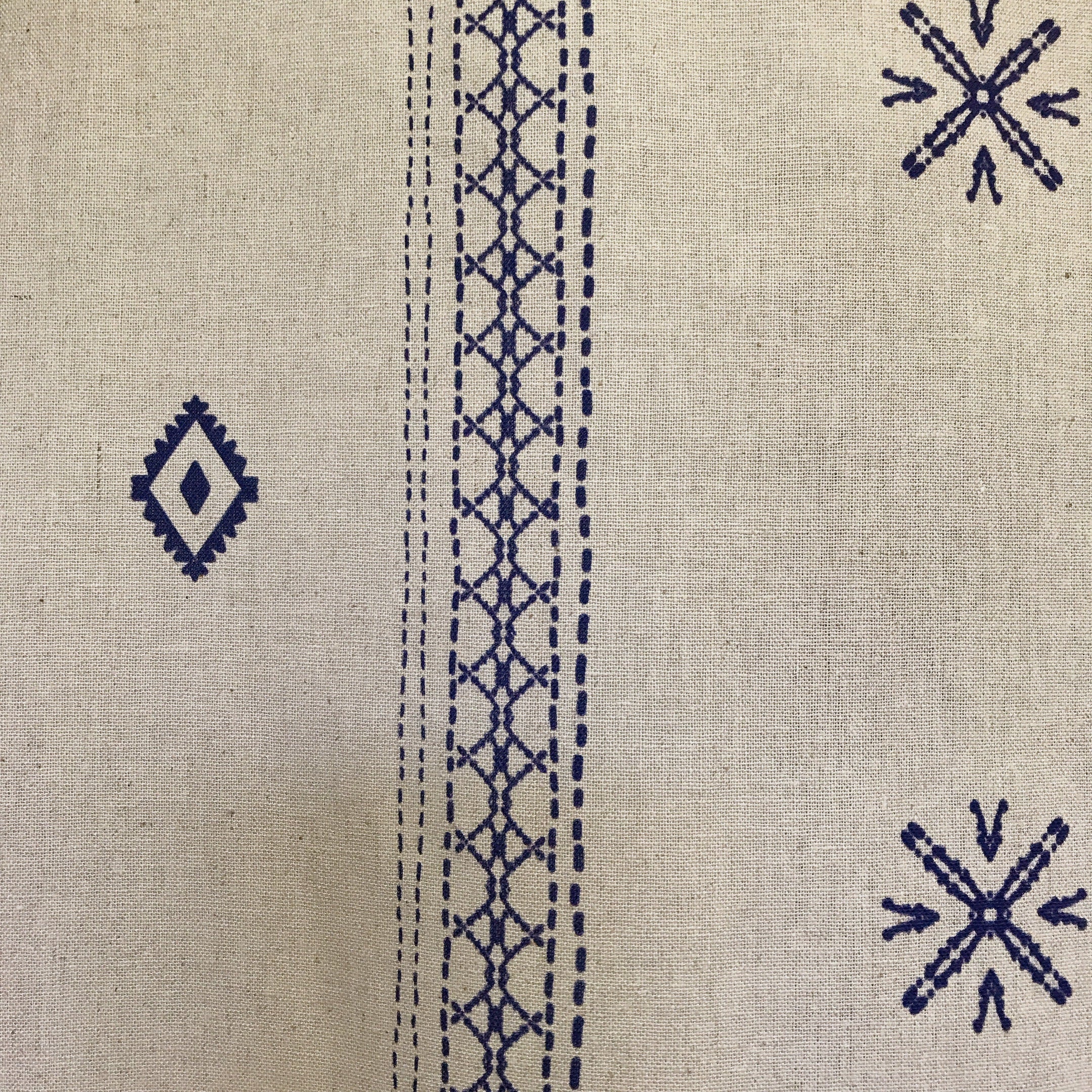 Indigo Blue Shapes Curtain on Natural Beige