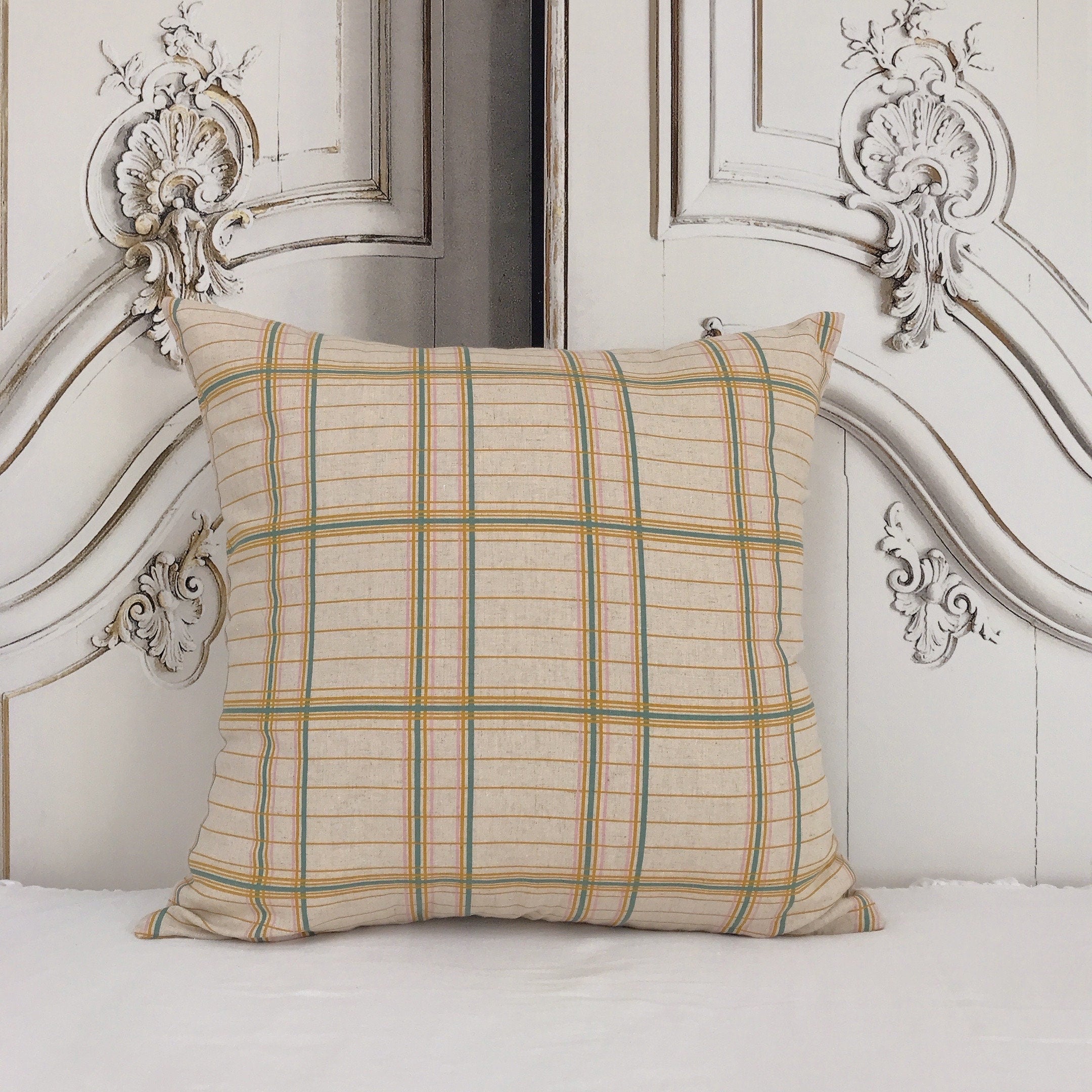 Mustard Teal and Baby Pink Plaid Cushion Cover on Natural Beige