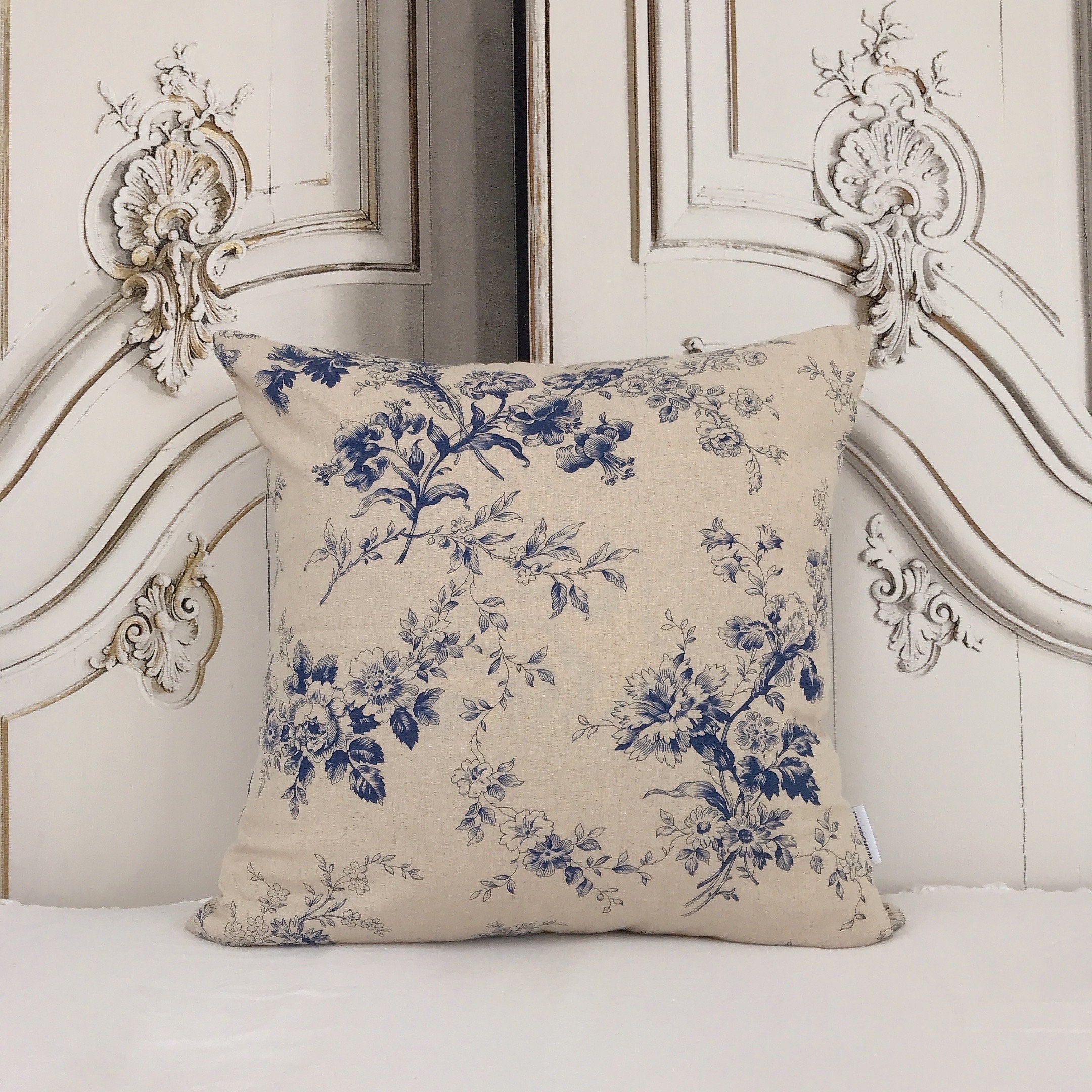 Navy Blue Floral Cushion Cover on Natural Beige