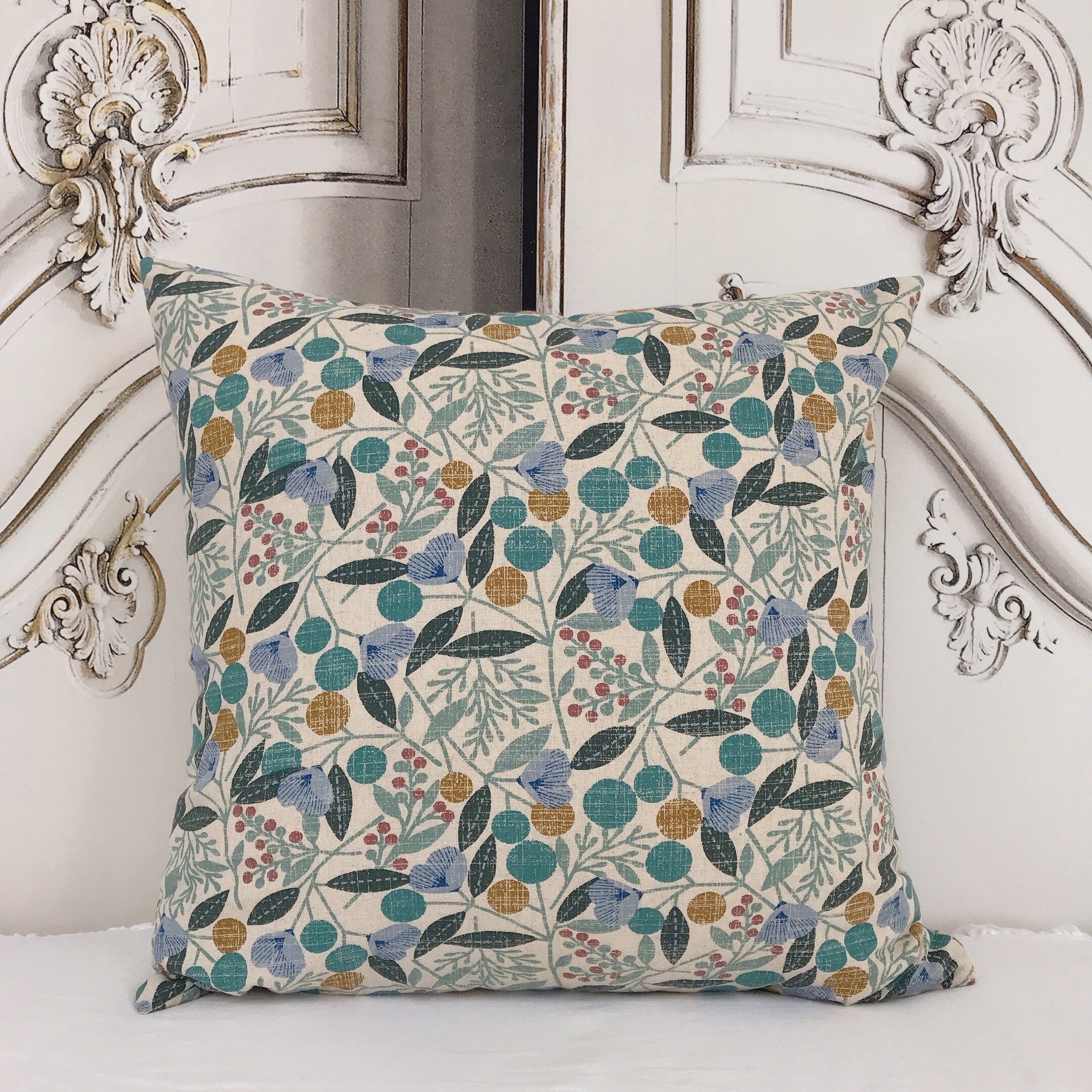 Teal Cherry Blossom Cushion Cover on Natural Beige
