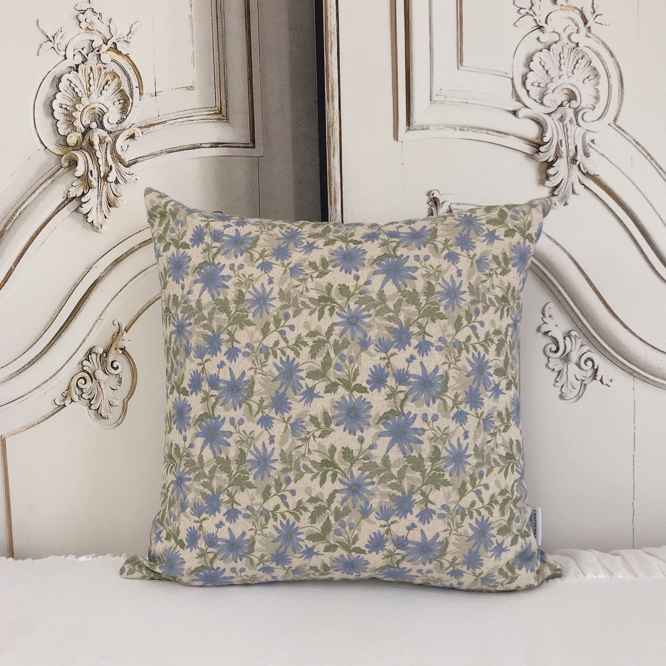 Pale Blue Sage Floral Pattern Cushion Cover on Natural Beige