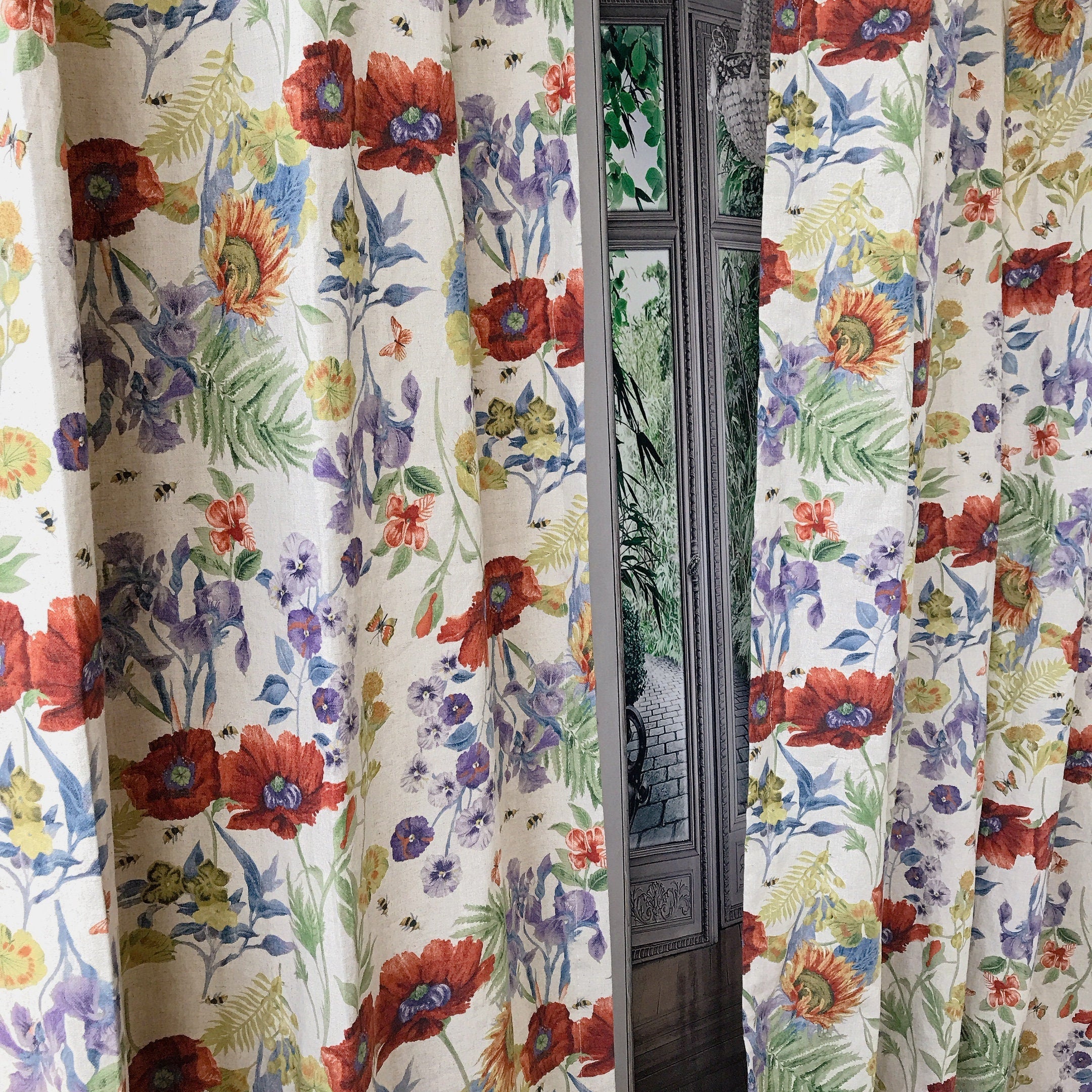 Deep Poppy Red and Soft Purple Floral Curtain on Natural Beige