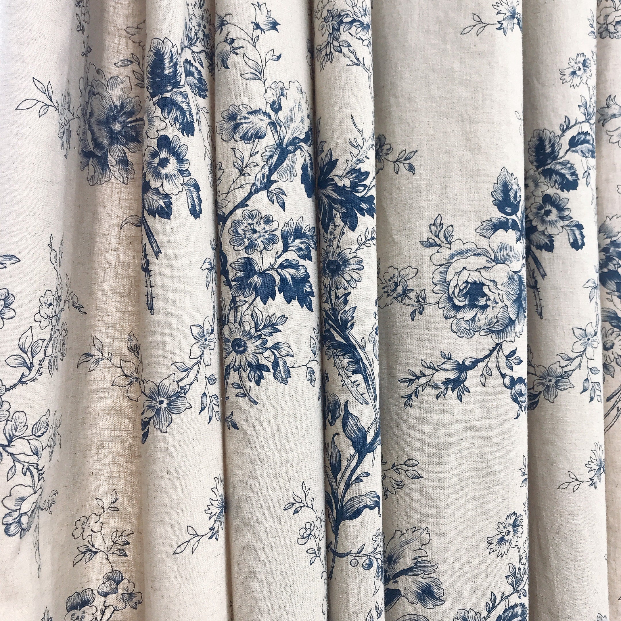 Navy Blue Floral Curtain on Natural Beige
