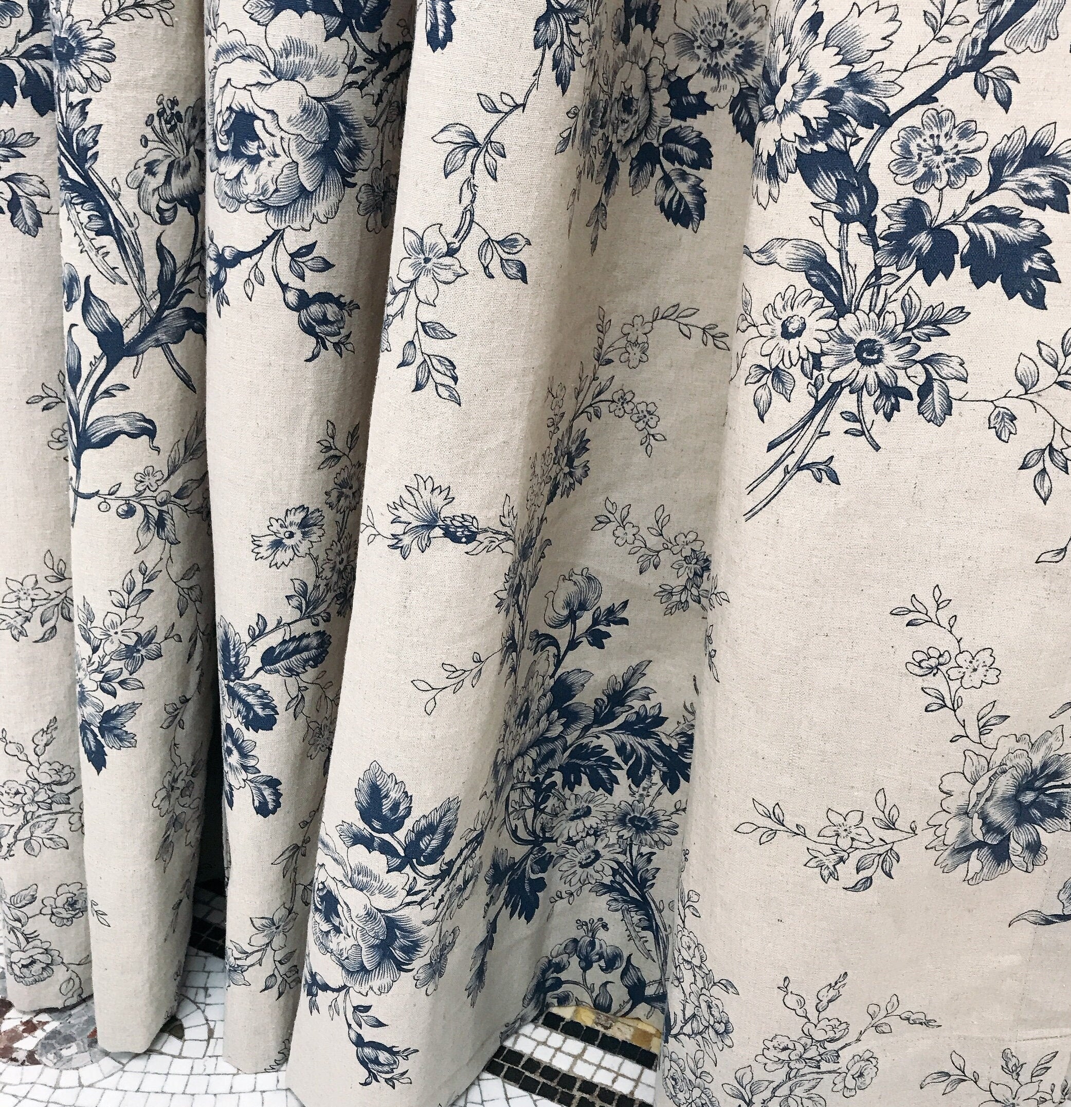 Navy Blue Floral Curtain on Natural Beige