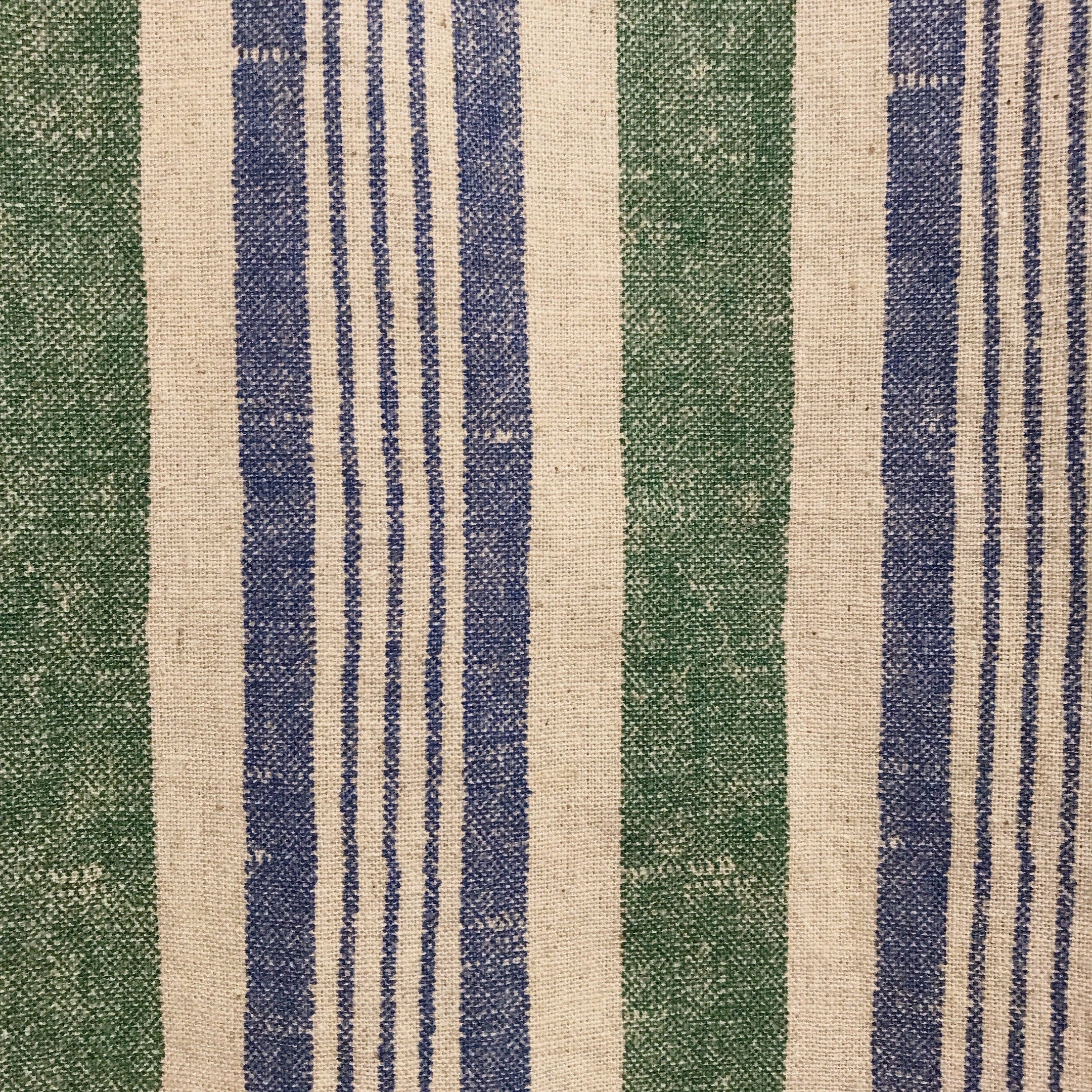 Dusty Forest Green and Blue Stripe Curtain on Natural Beige