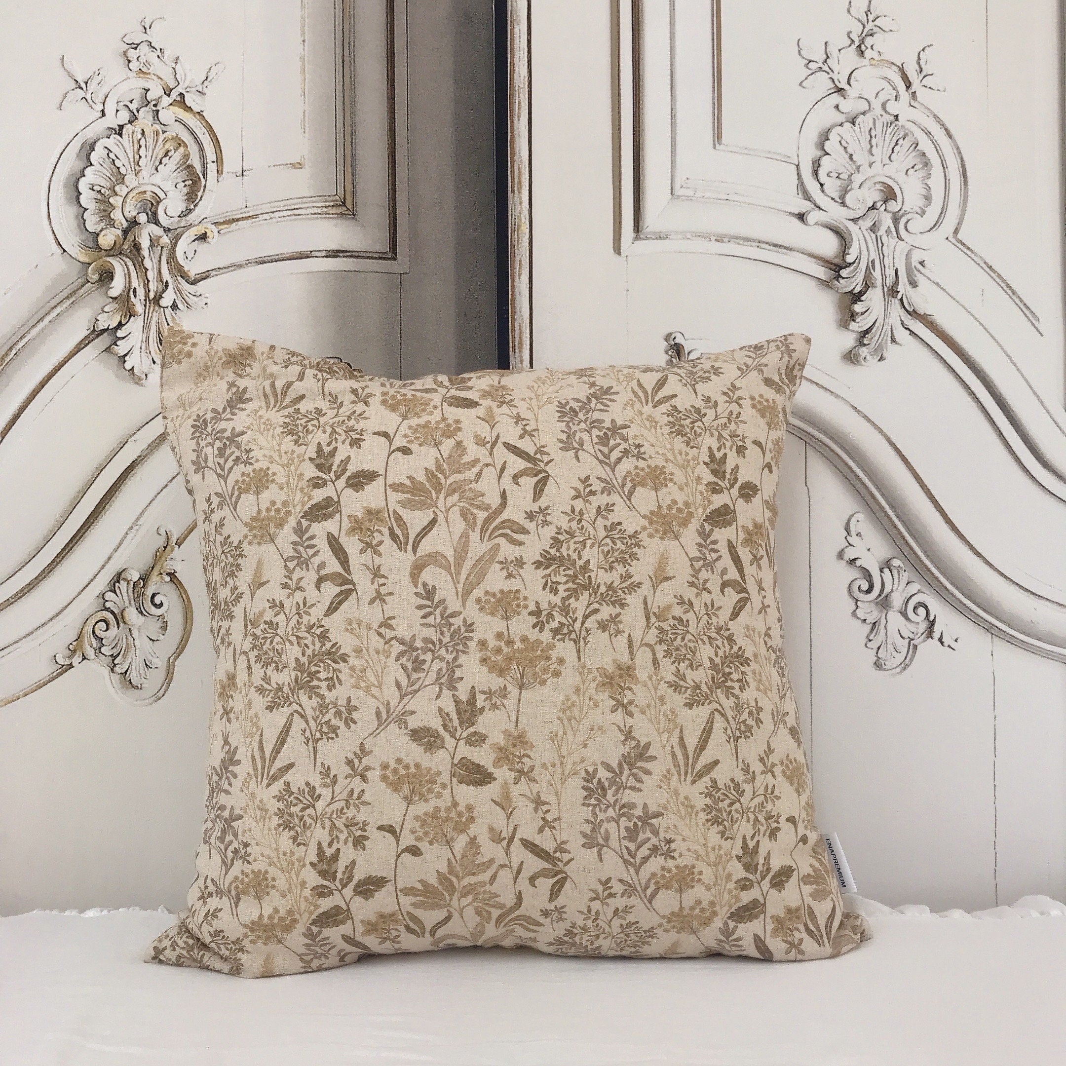 Brown Herbal Floral Cushion Cover on Natural Beige