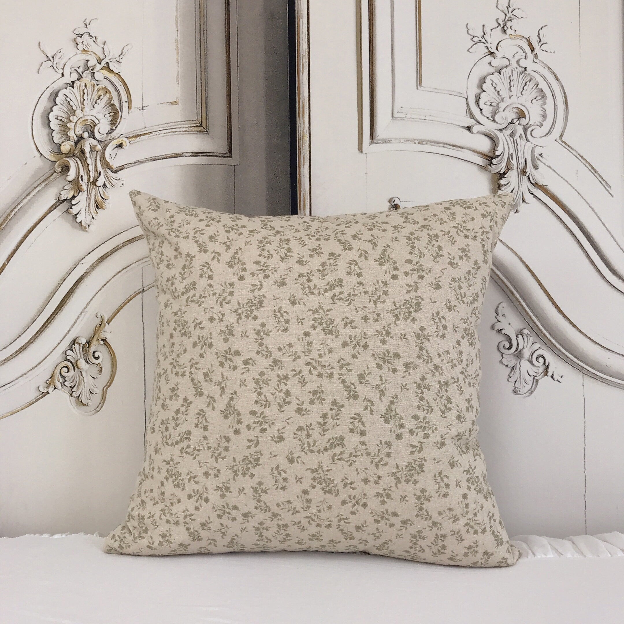 Sage Green Floral Cushion Cover on Natural Beige