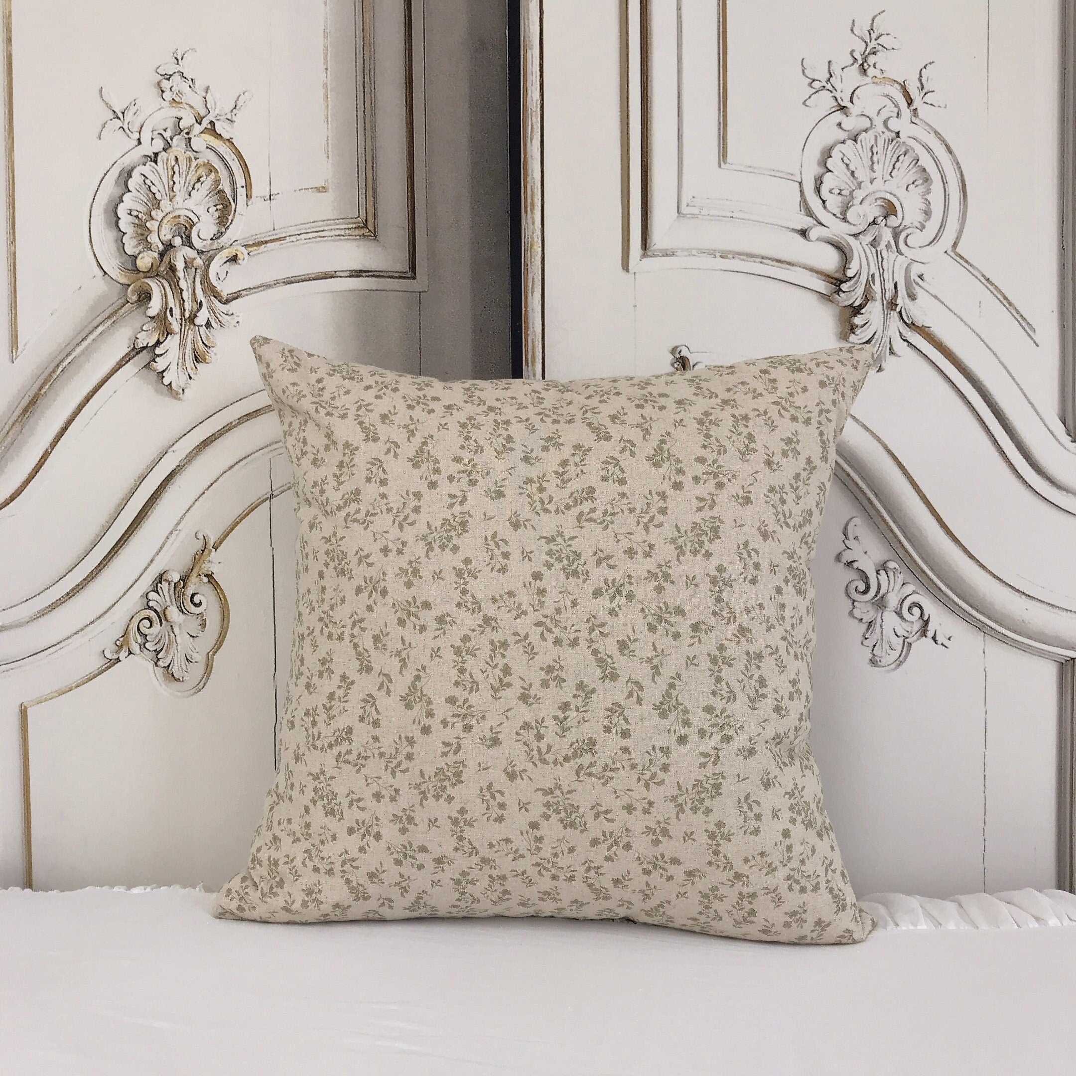 Sage Green Floral Cushion Cover on Natural Beige