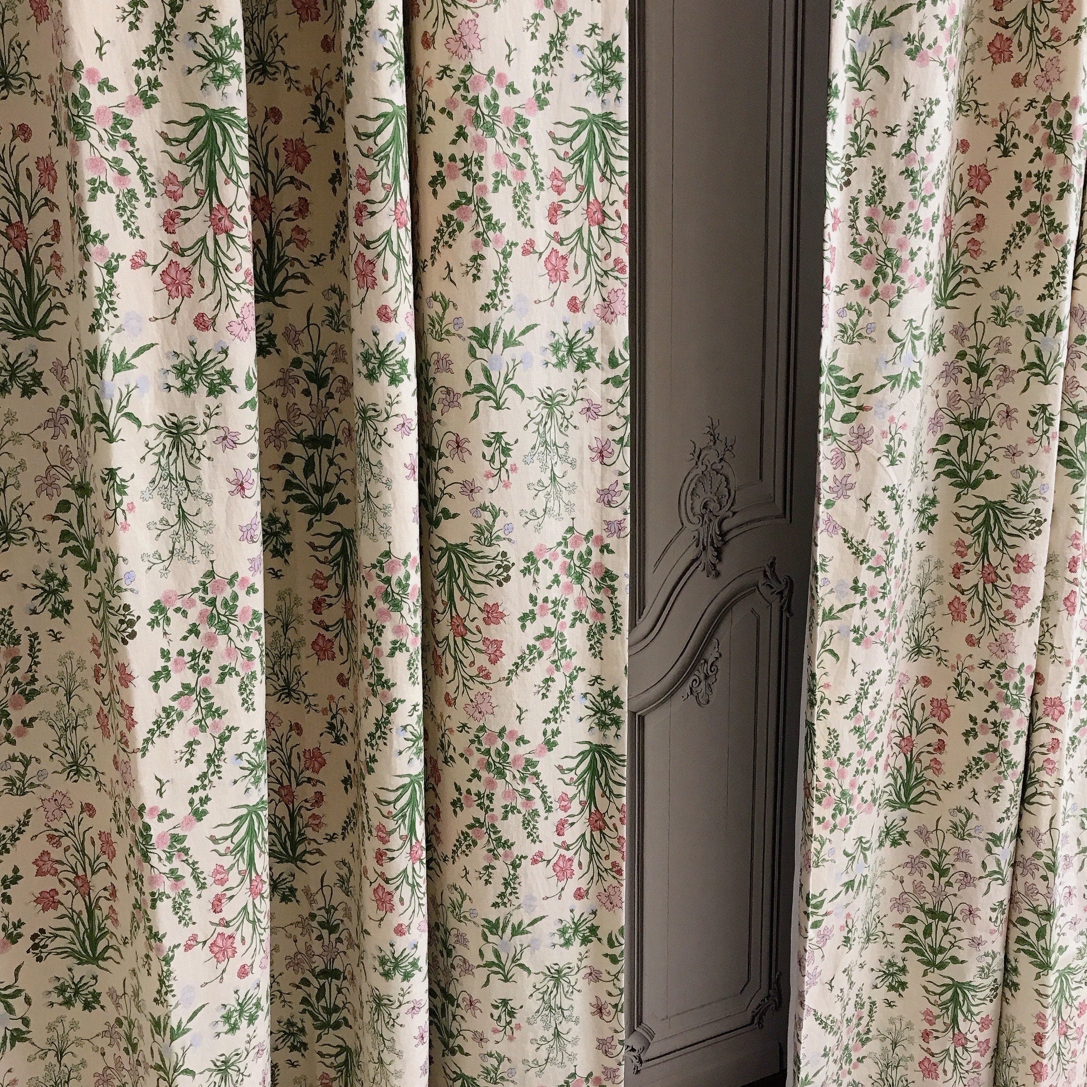 Pink and Pale Mint Floral Curtain on Buttercup Beige