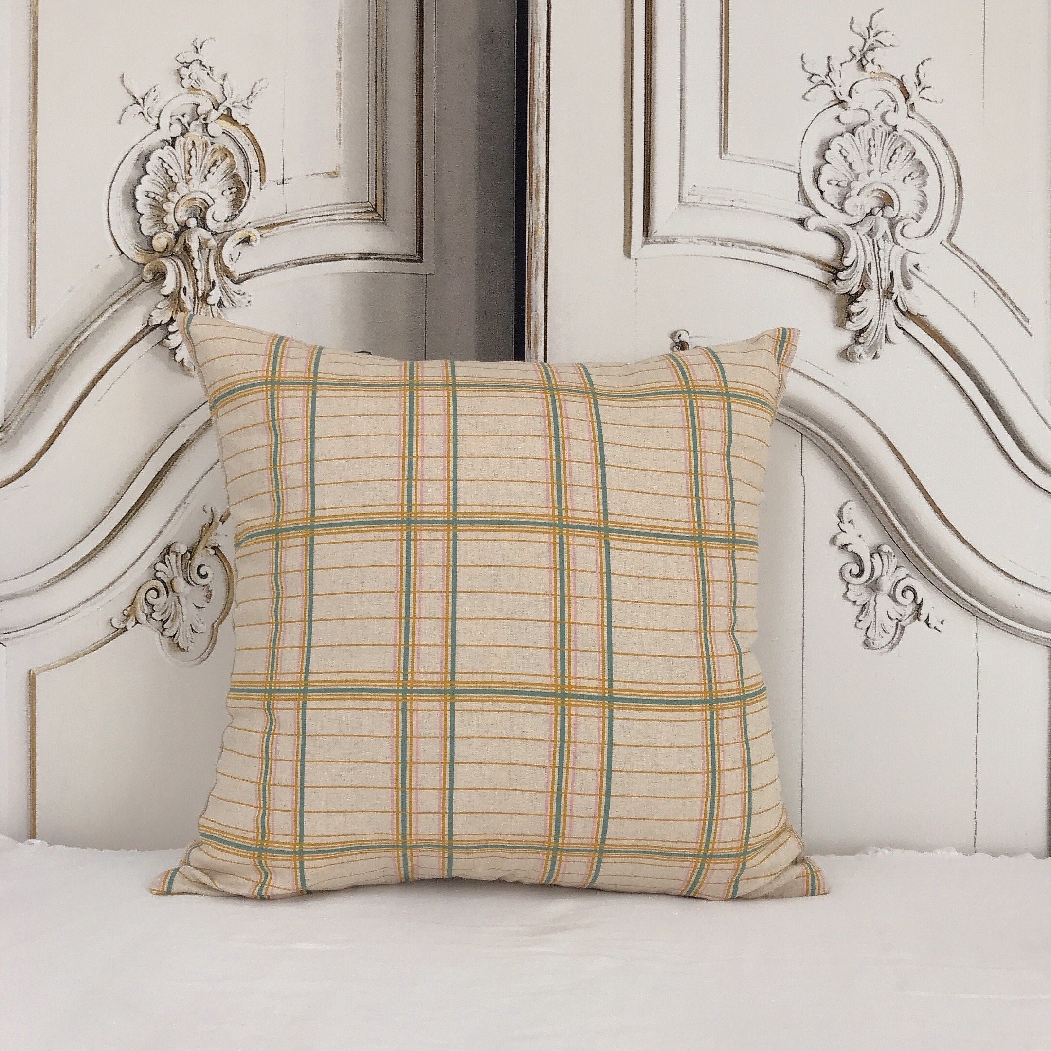 Mustard Teal and Baby Pink Plaid Cushion Cover on Natural Beige