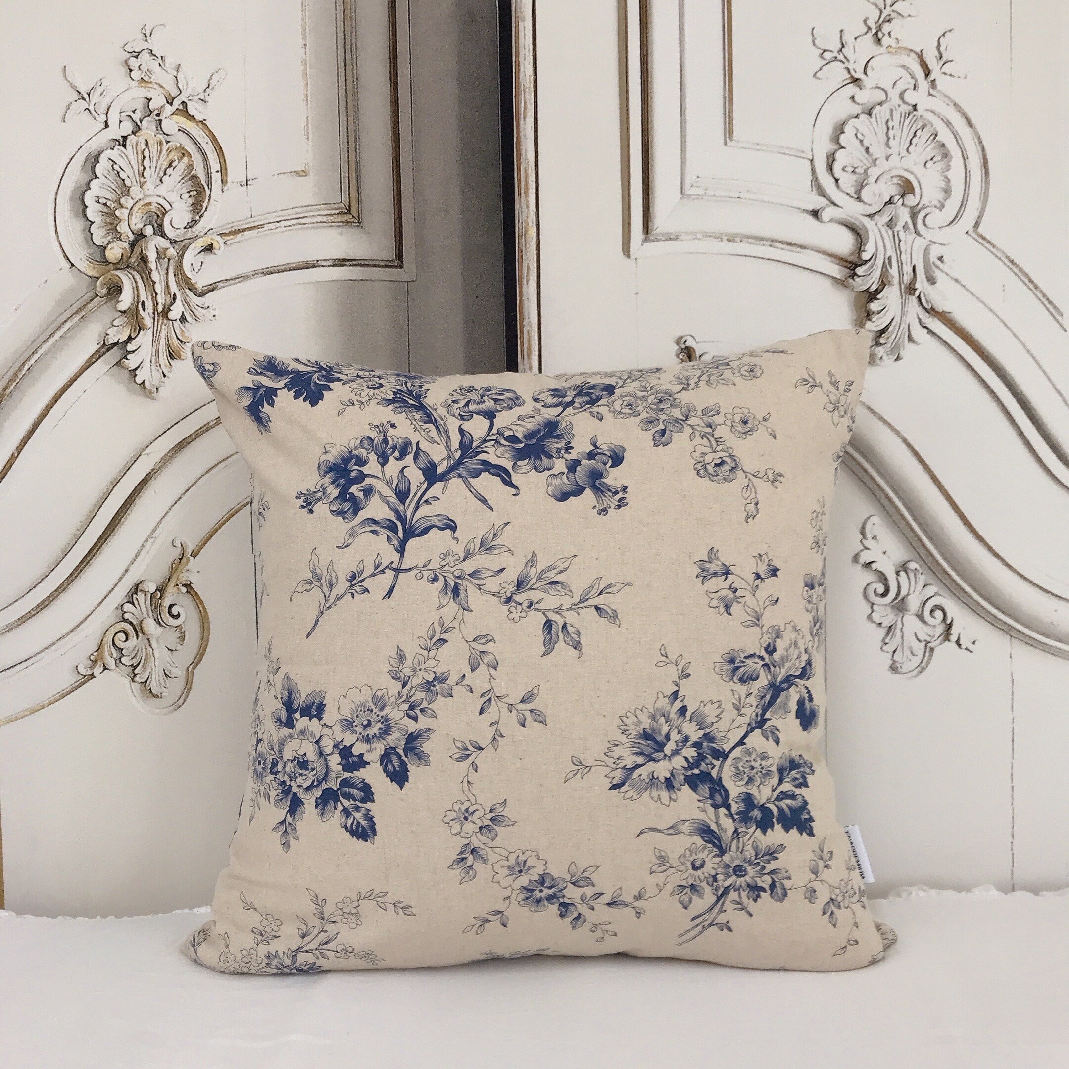 Navy Blue Floral Cushion Cover on Natural Beige