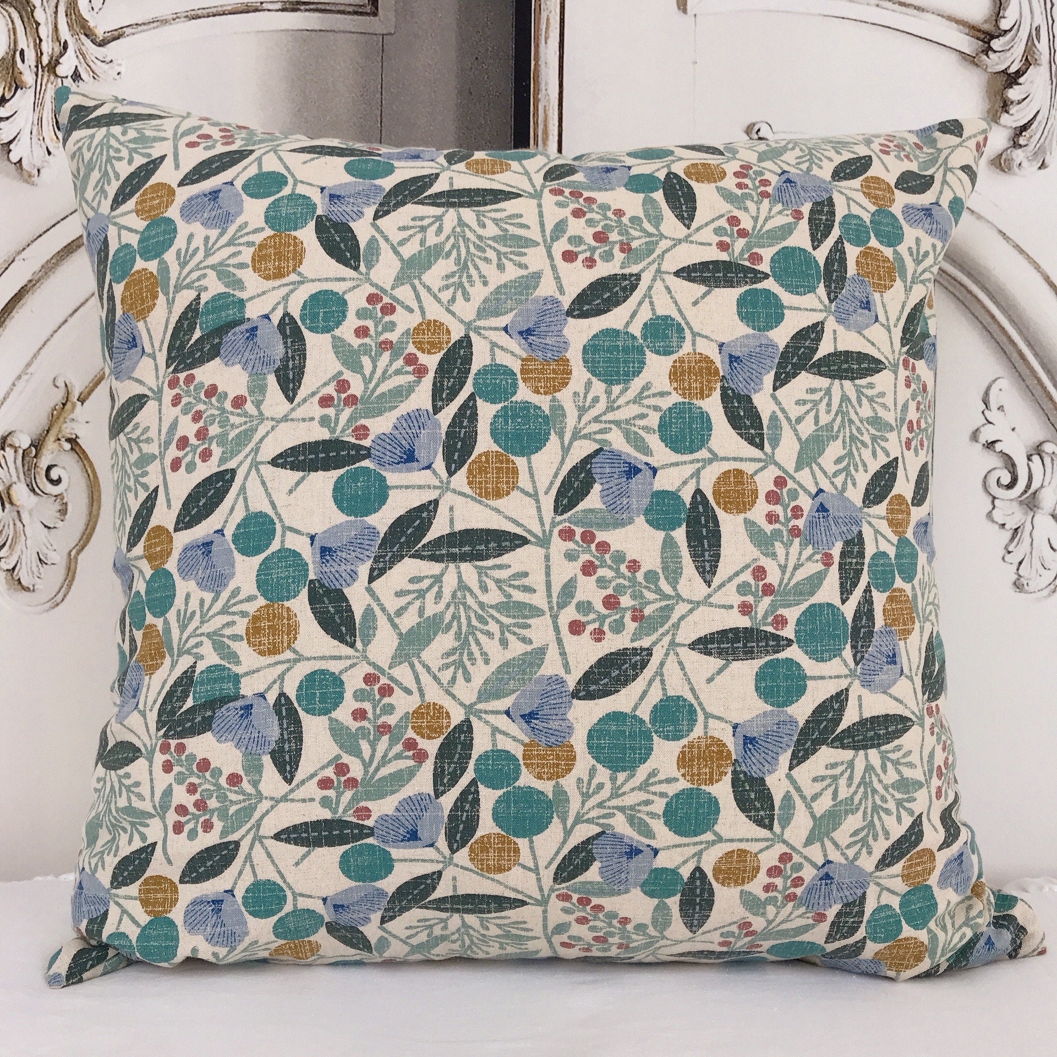 Teal Cherry Blossom Cushion Cover on Natural Beige