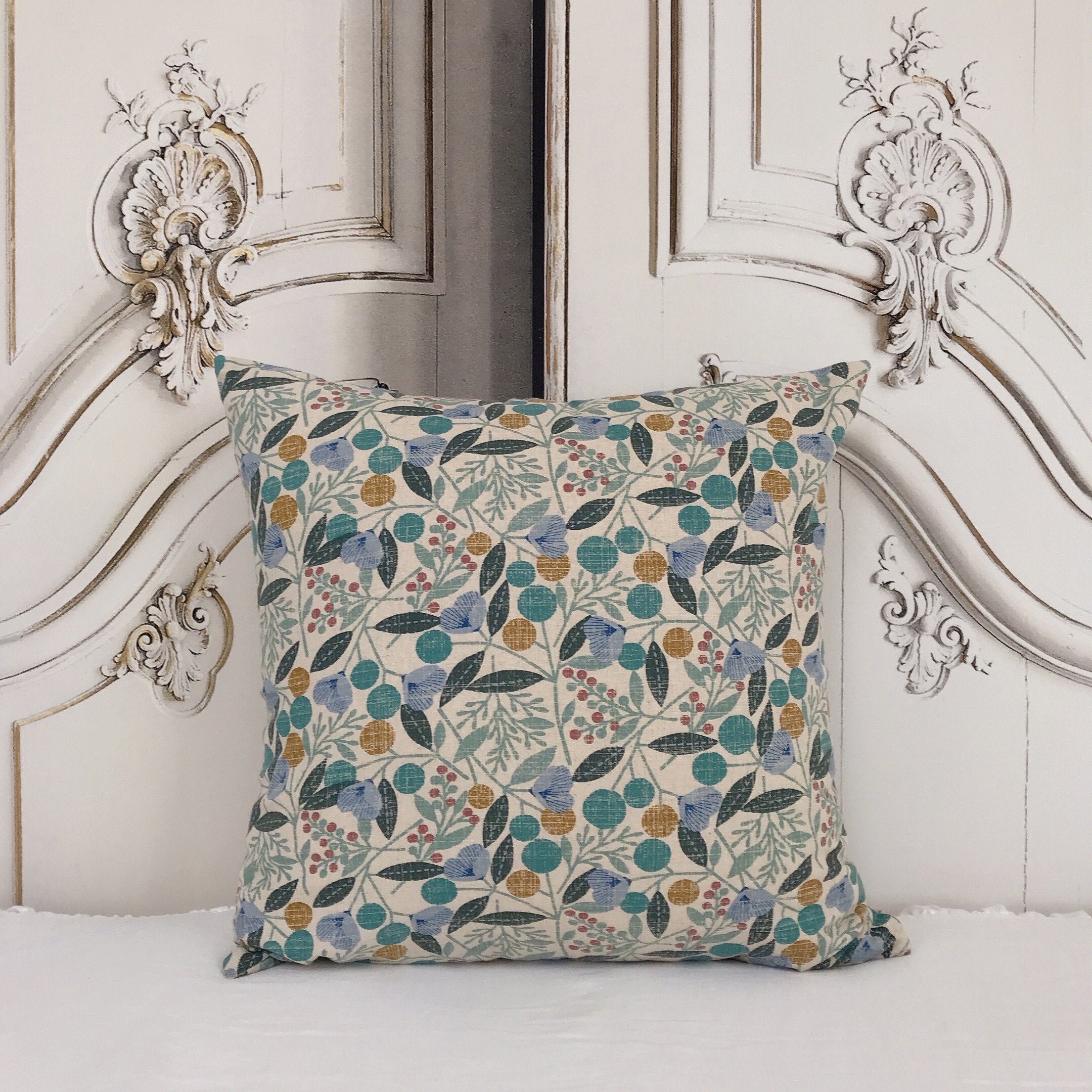 Teal Cherry Blossom Cushion Cover on Natural Beige