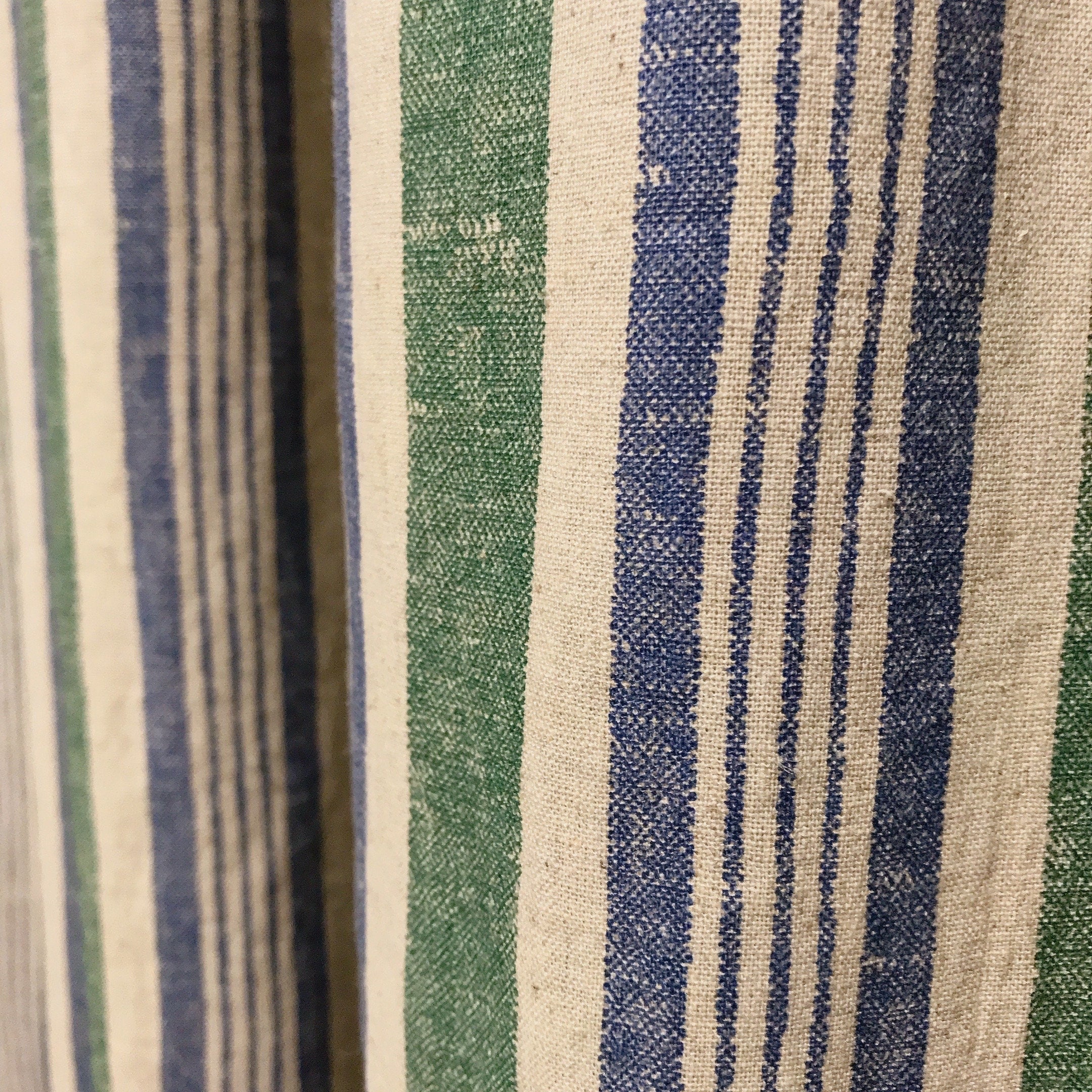 Dusty Forest Green and Blue Stripe Curtain on Natural Beige