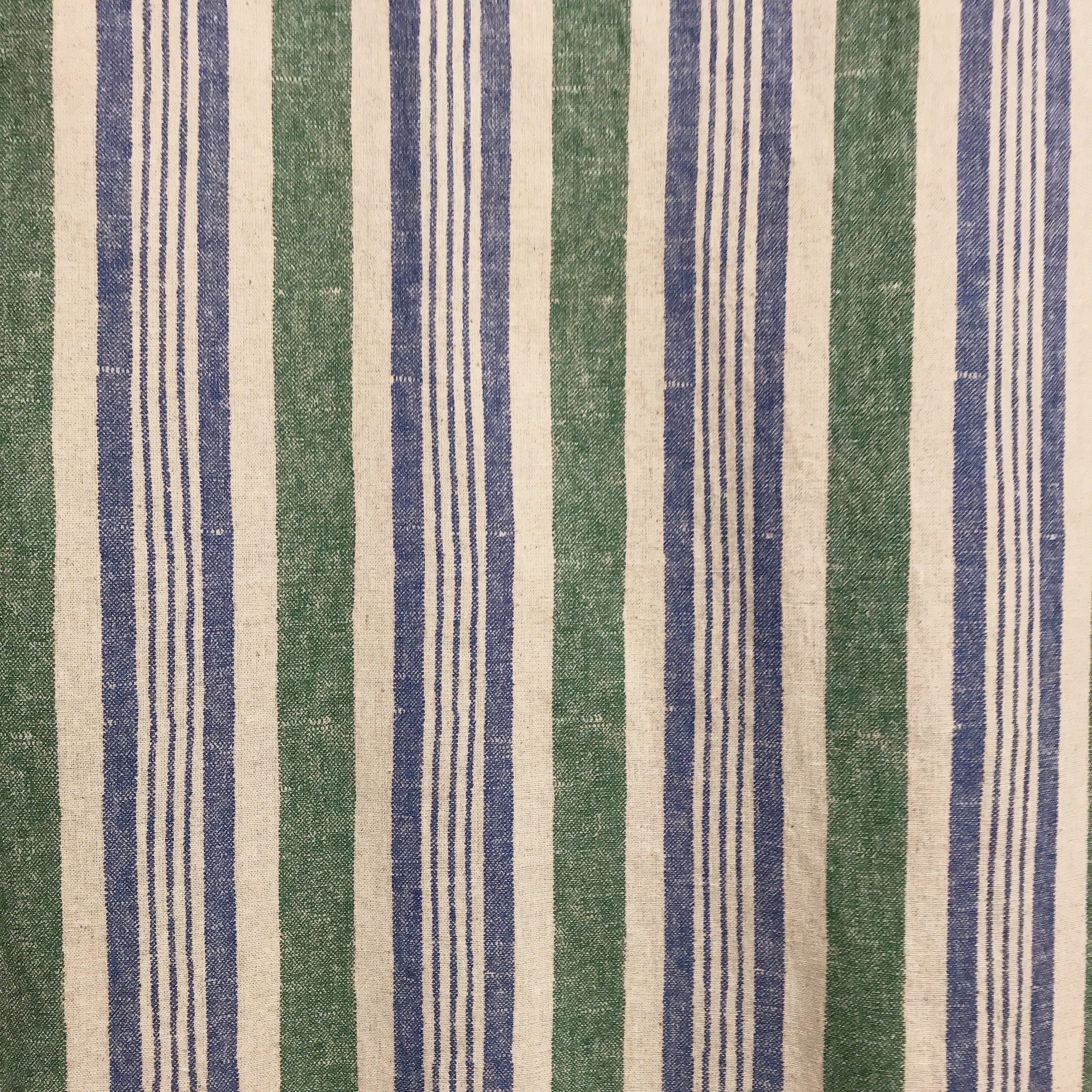 Dusty Forest Green and Blue Stripe Curtain on Natural Beige