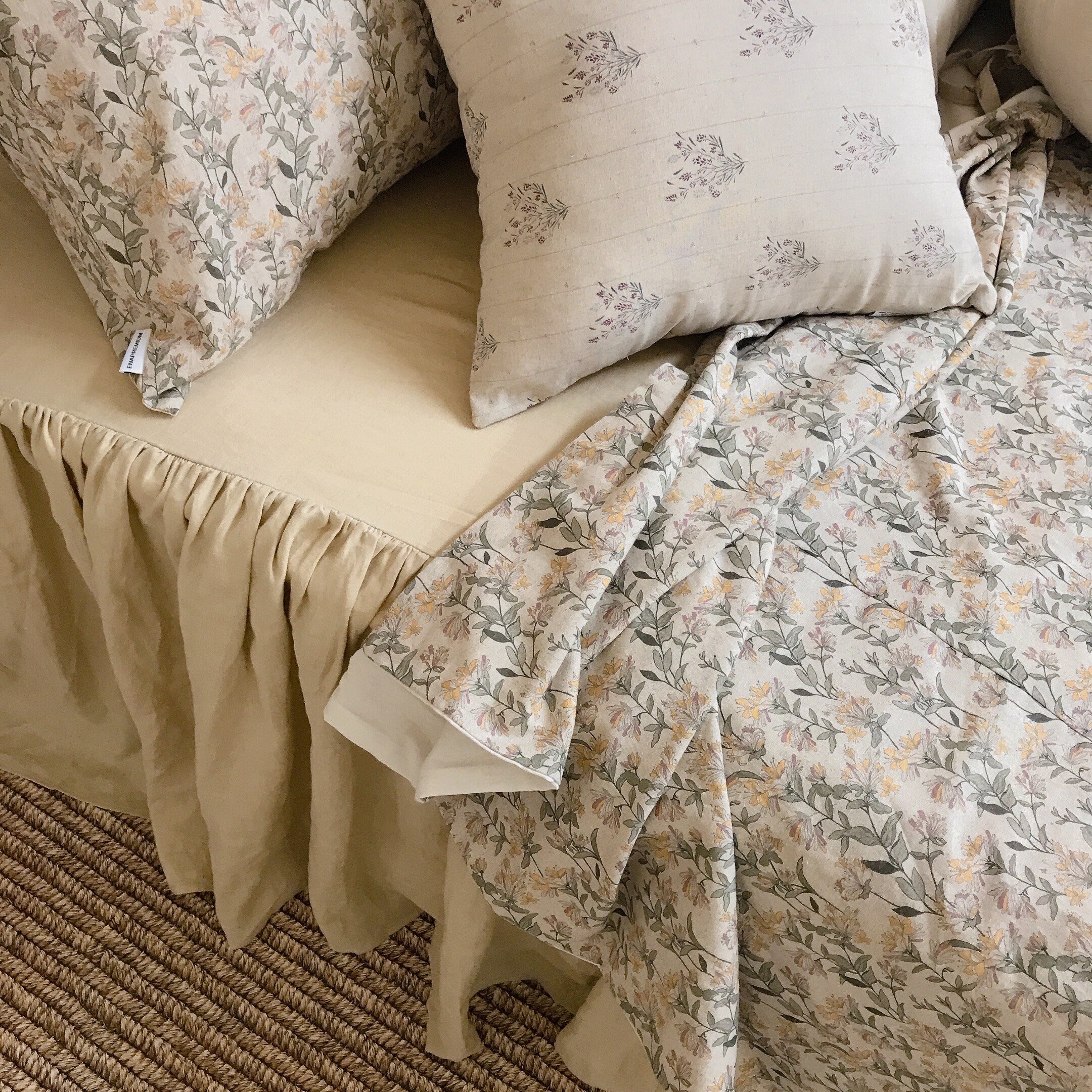 Light Orange and Plum Pink Floral Duvet Cover on Natural Beige