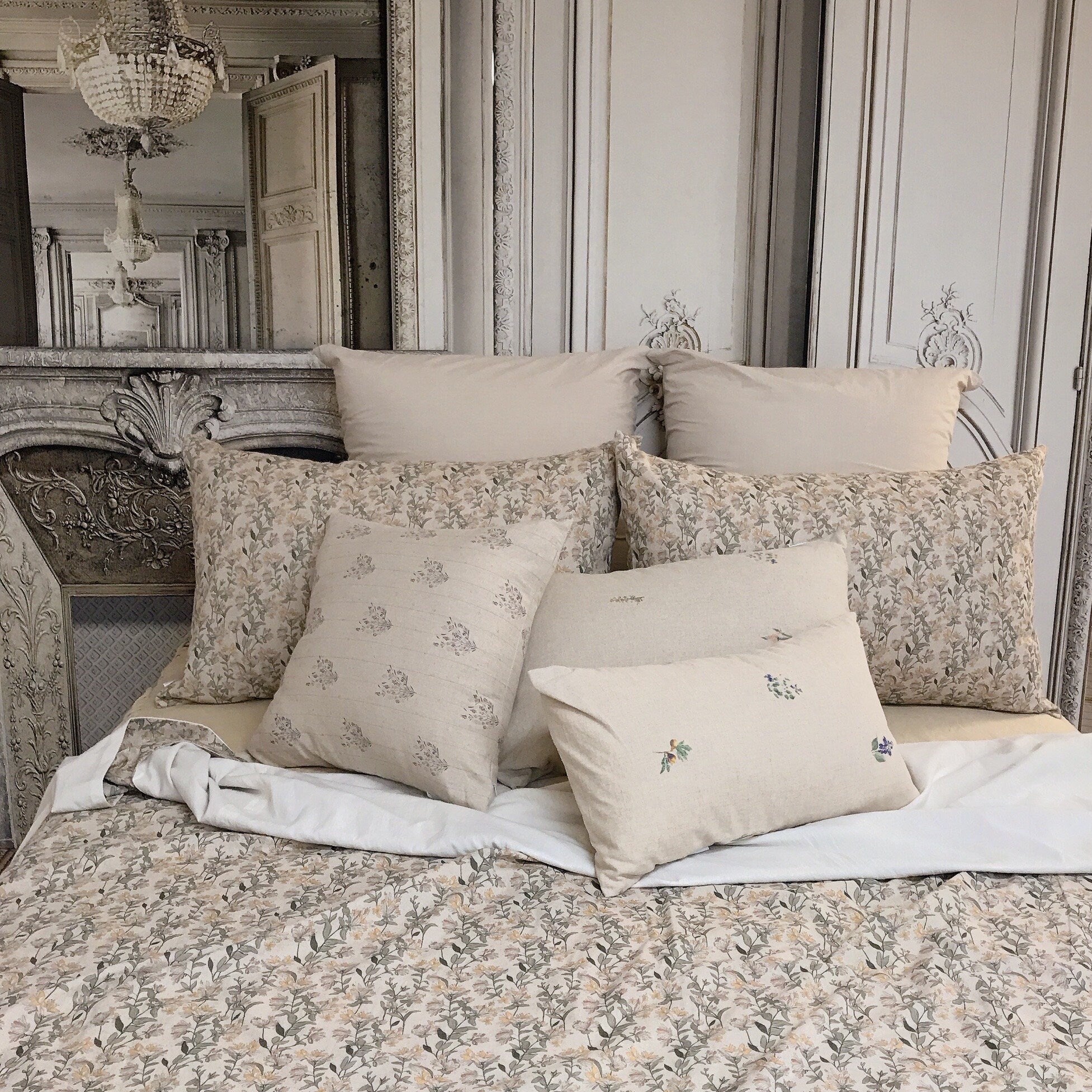Light Orange and Plum Pink Floral Duvet Cover on Natural Beige