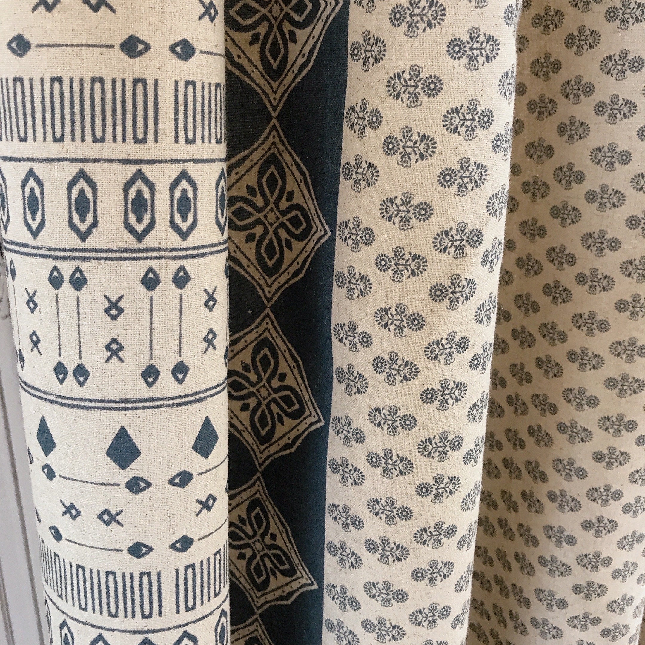 Softened Indigo Blue Geometric Curtain on Natural Beige